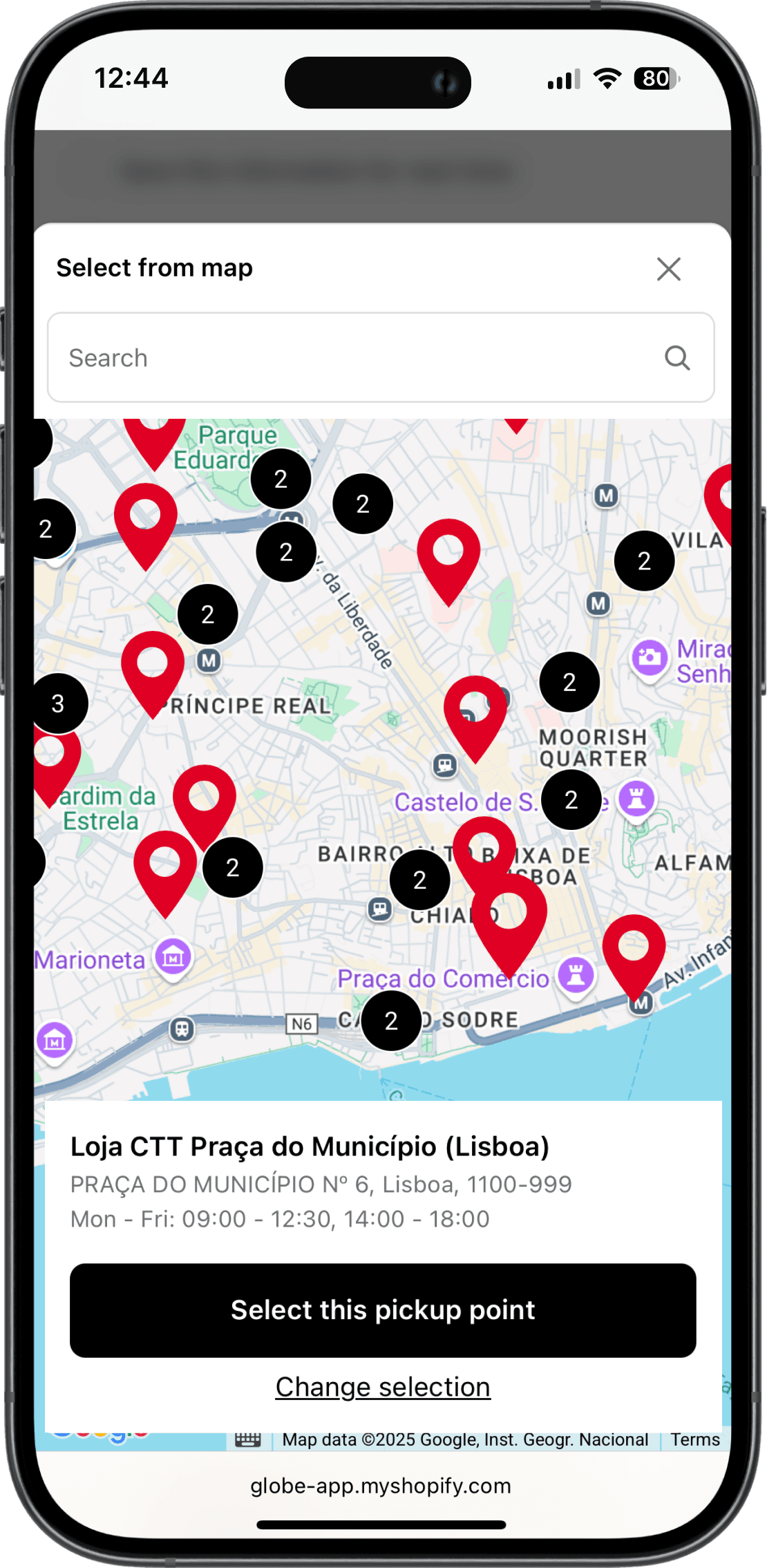 Interactive CTT pickup points map on Shopify checkout interface