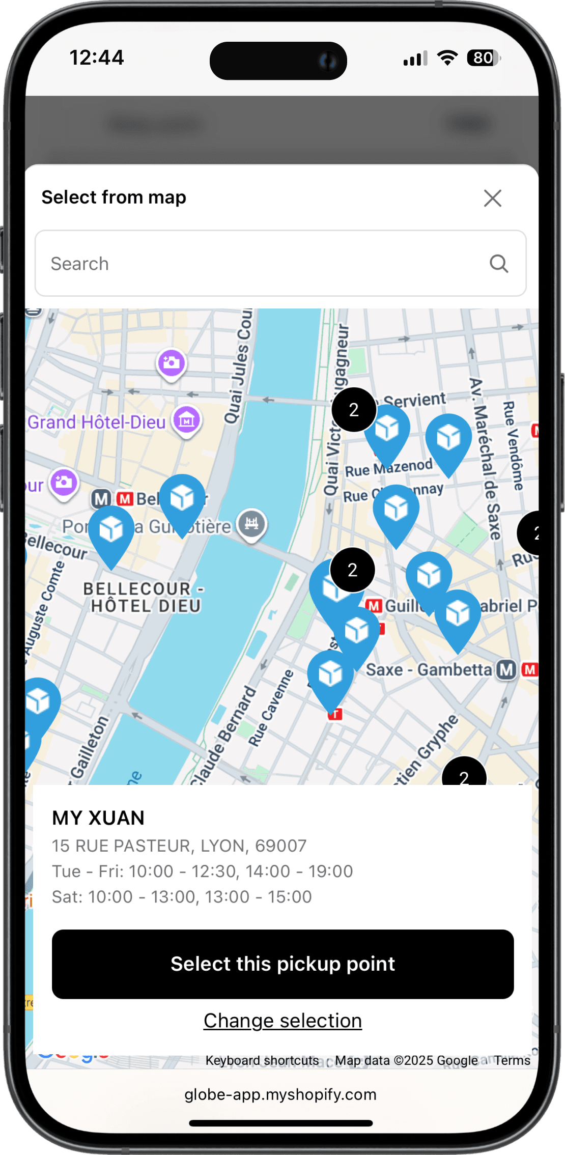 Interactive Chronopost pickup points map on Shopify checkout interface
