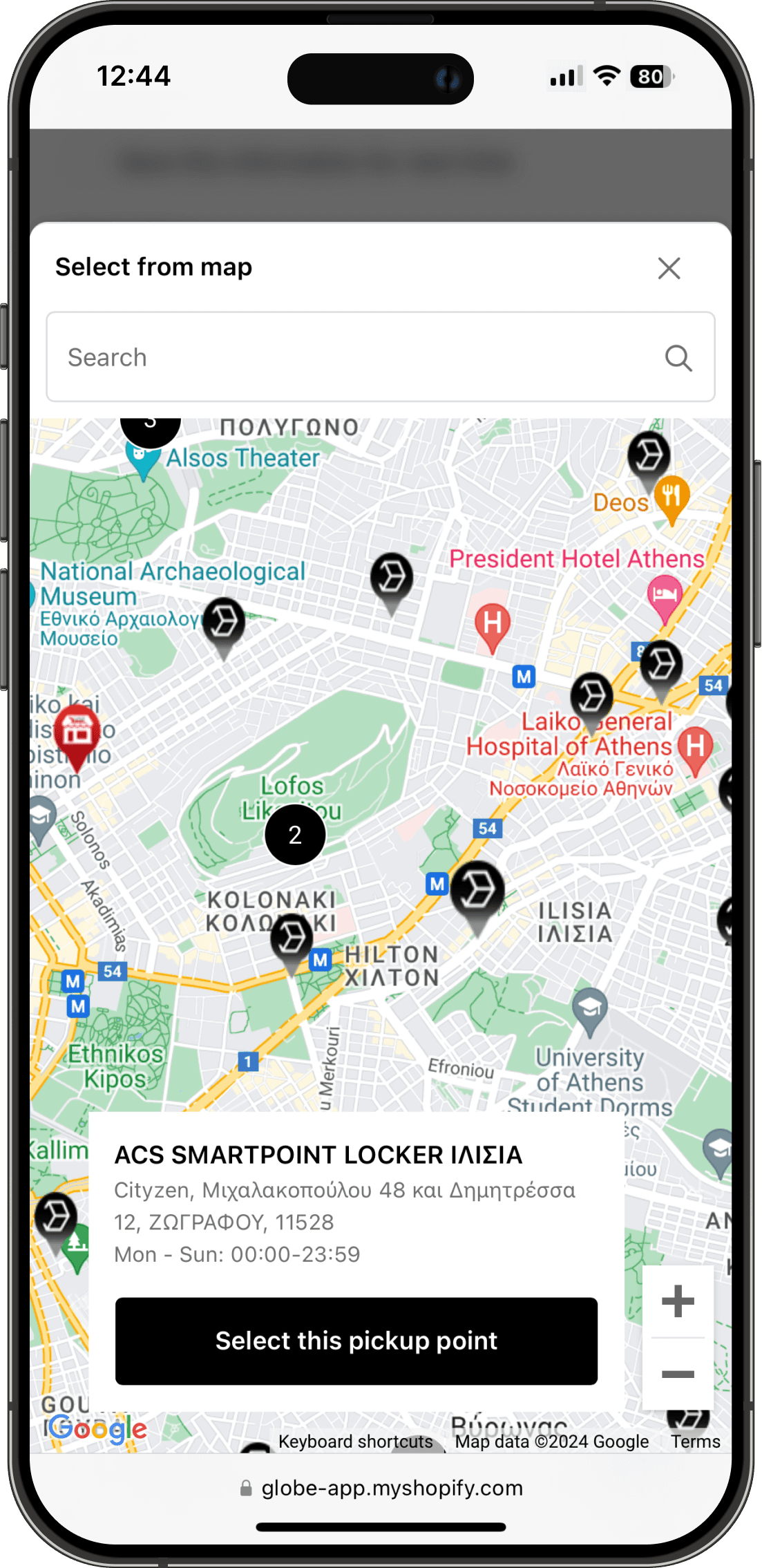 Interactive ACS pickup points map on Shopify checkout interface