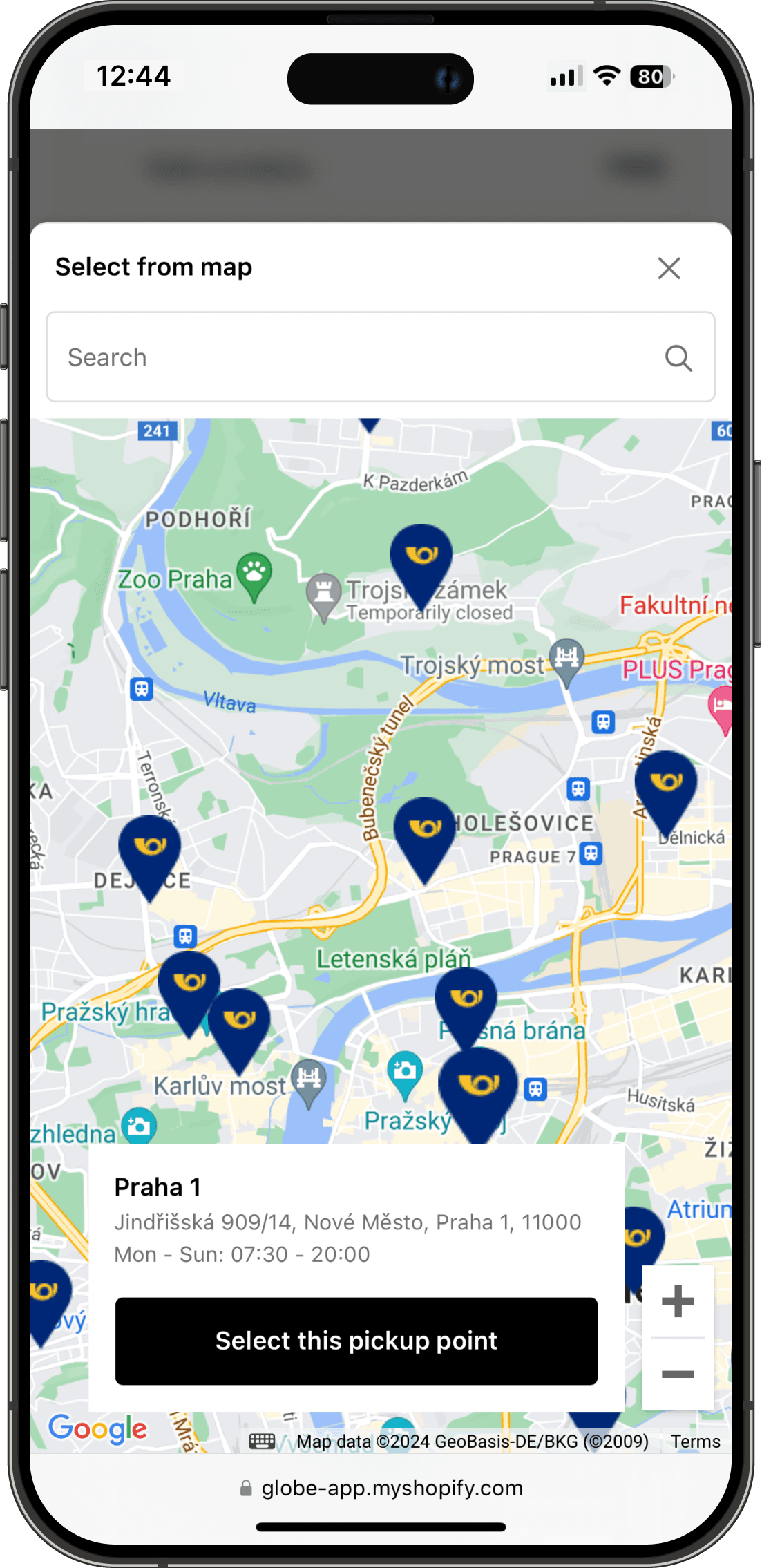 Interactive Balikovna pickup points map on Shopify checkout interface