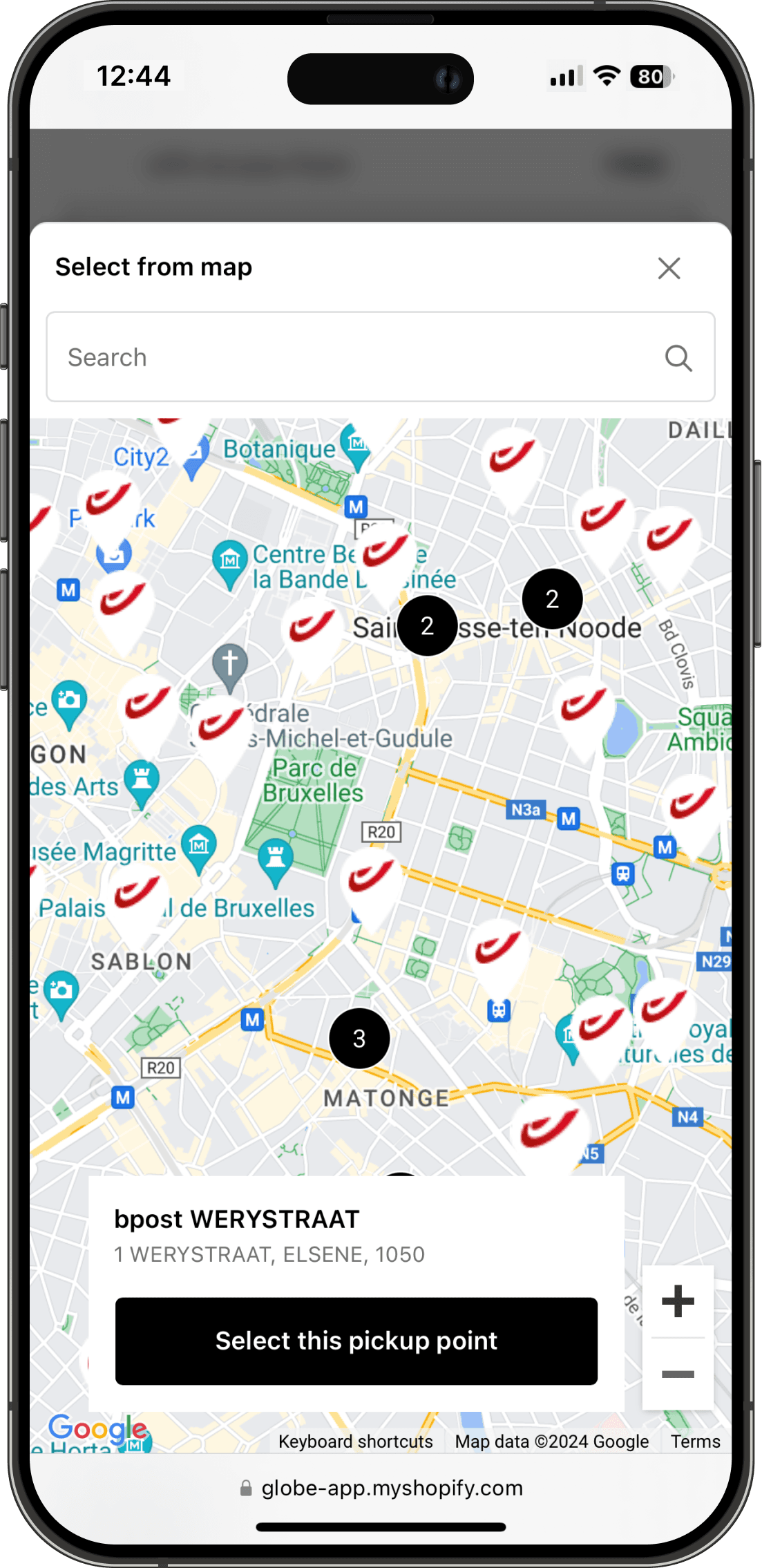 Interactive bpost pickup points map on Shopify checkout interface