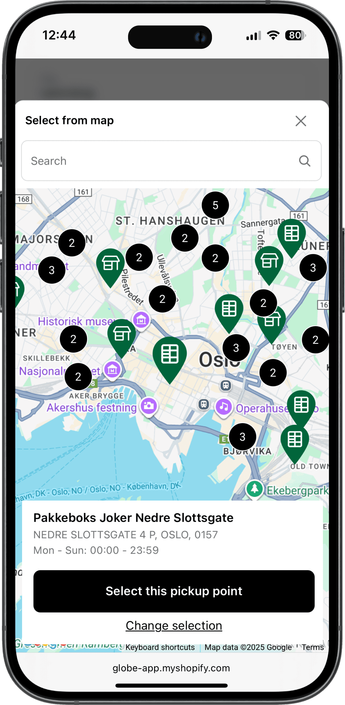 Interaktivní mapa výdejních míst Bring v rozhraní Shopify pokladny