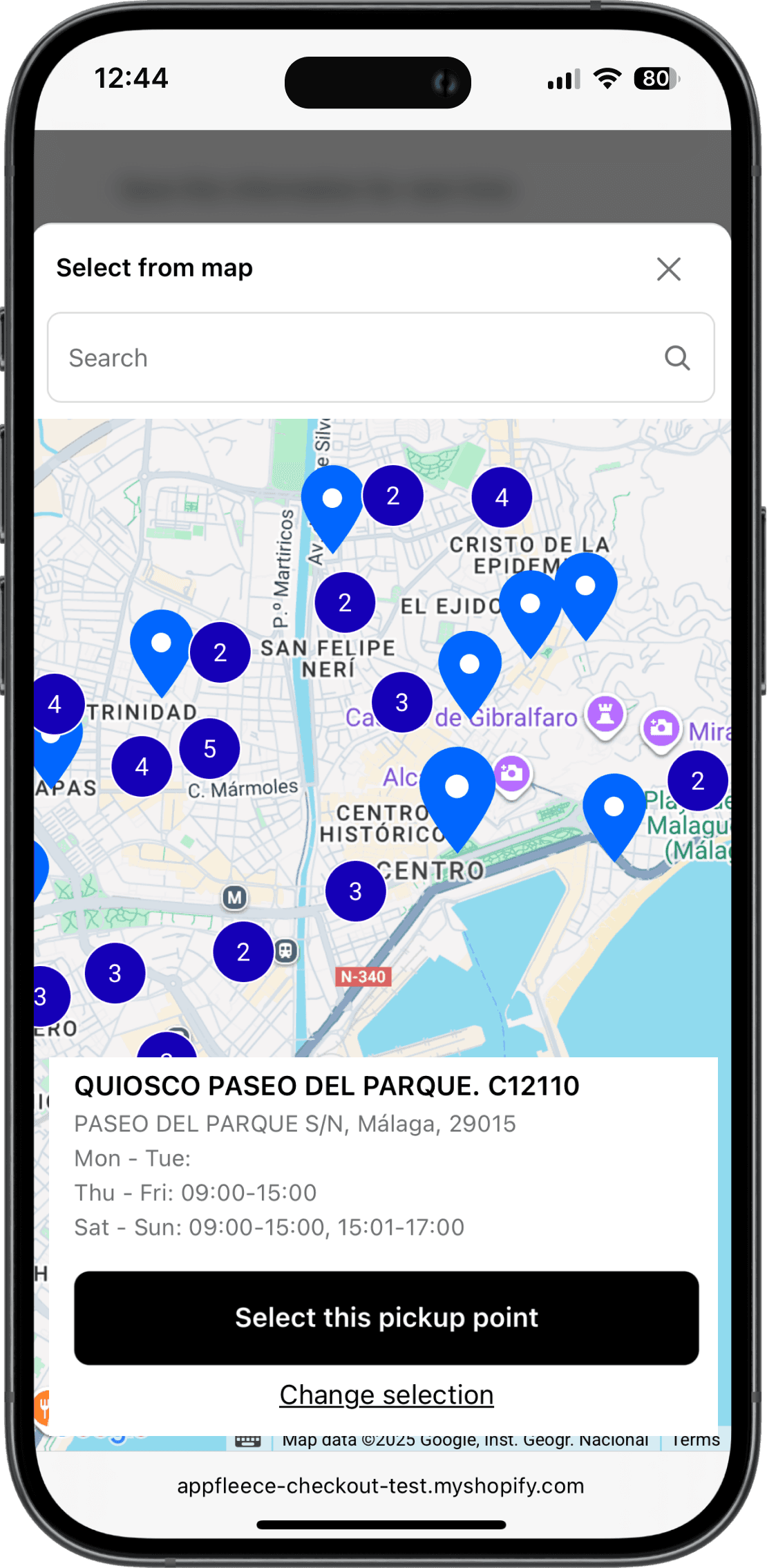 Interactive Cainiao pickup points map on Shopify checkout interface