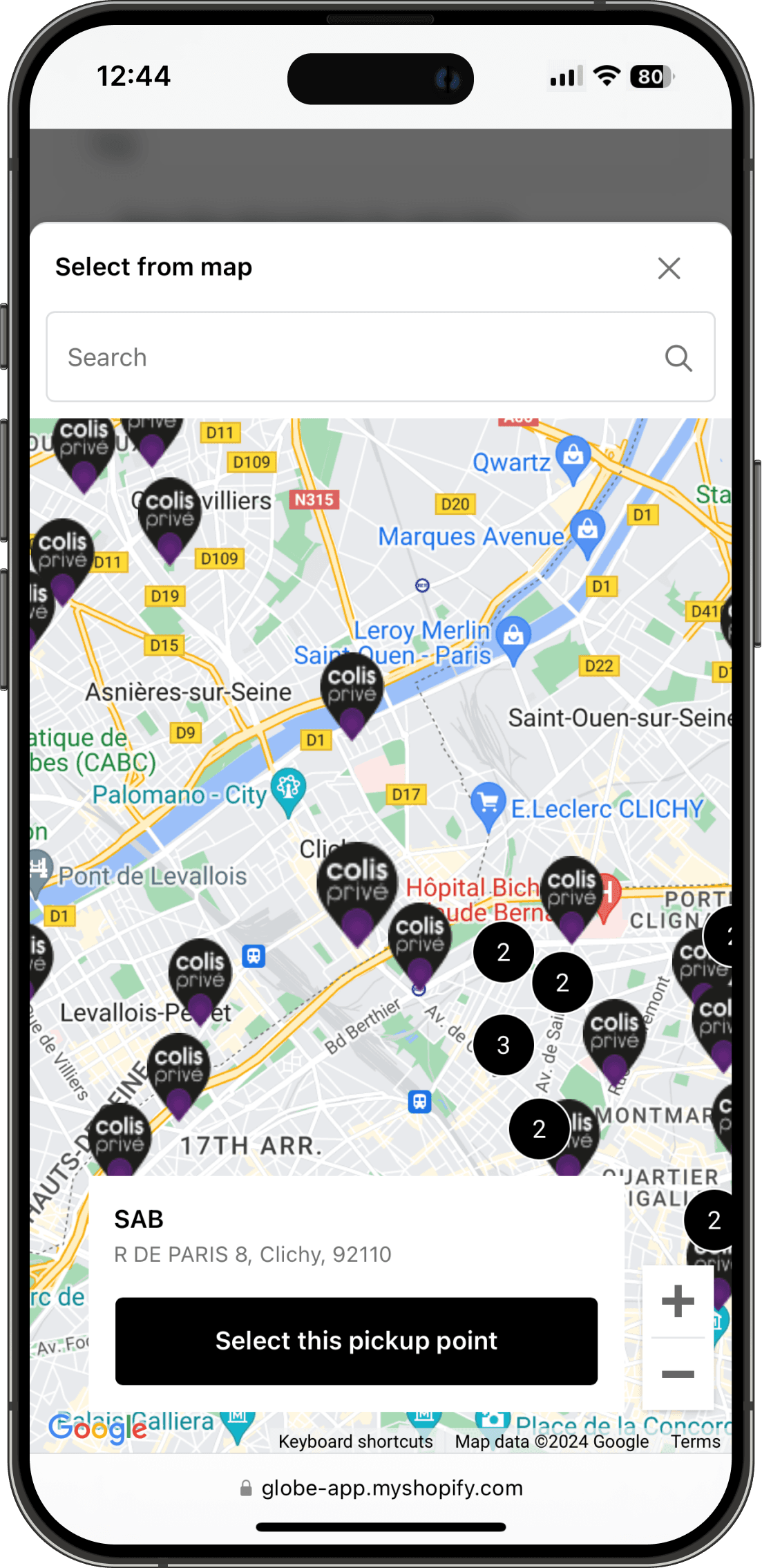 Interactive Colis Privé pickup points map on Shopify checkout interface