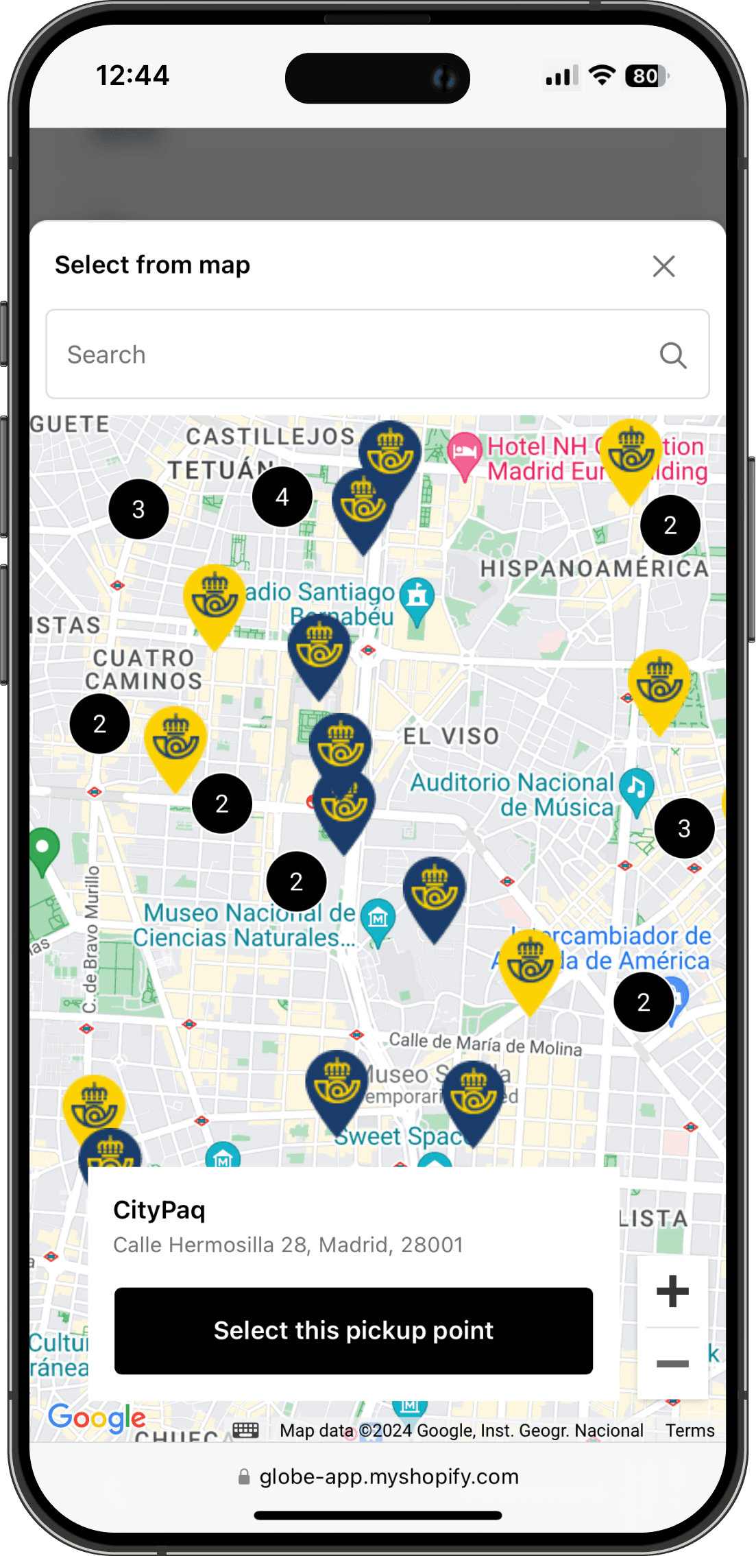 Interactive Correos pickup points map on Shopify checkout interface