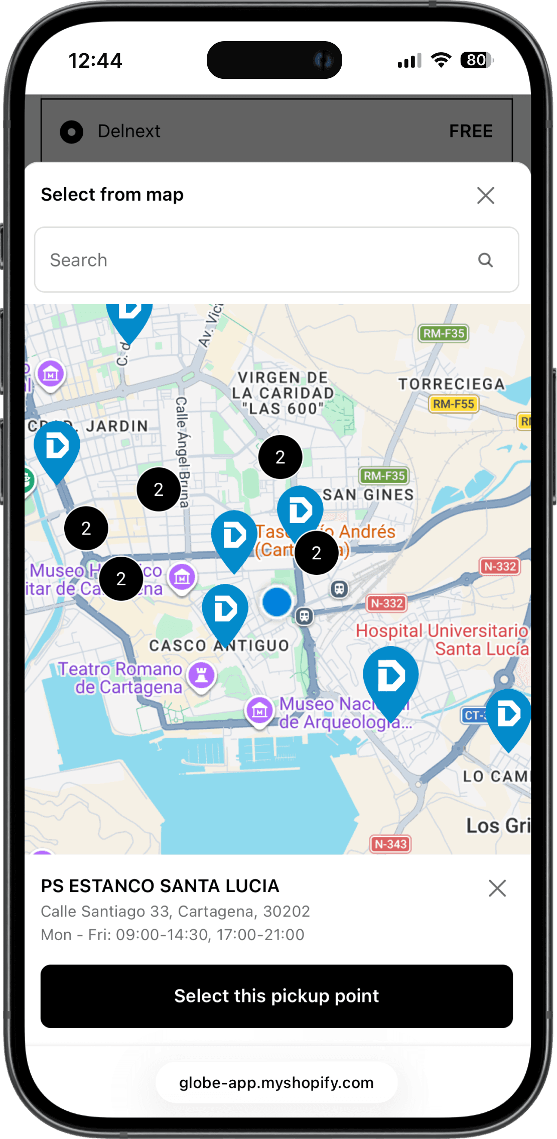 Interactive Delnext pickup points map on Shopify checkout interface