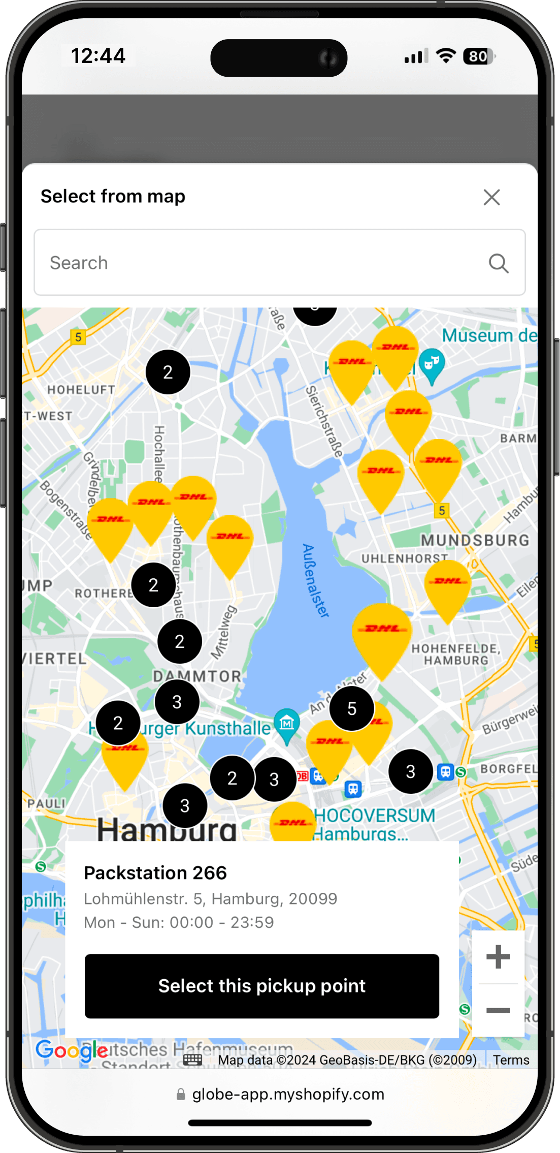Interactive DHL pickup points map on Shopify checkout interface