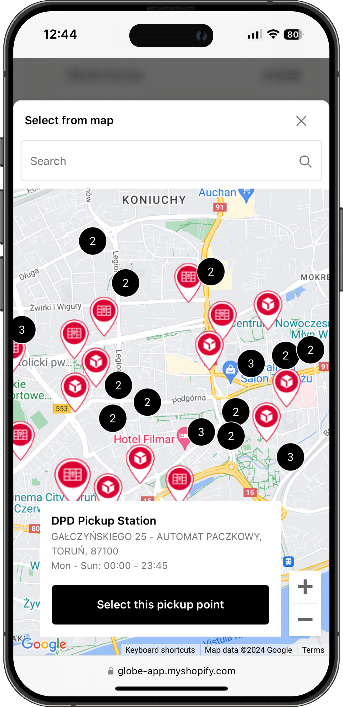 Interactive DPD pickup points map on Shopify checkout interface