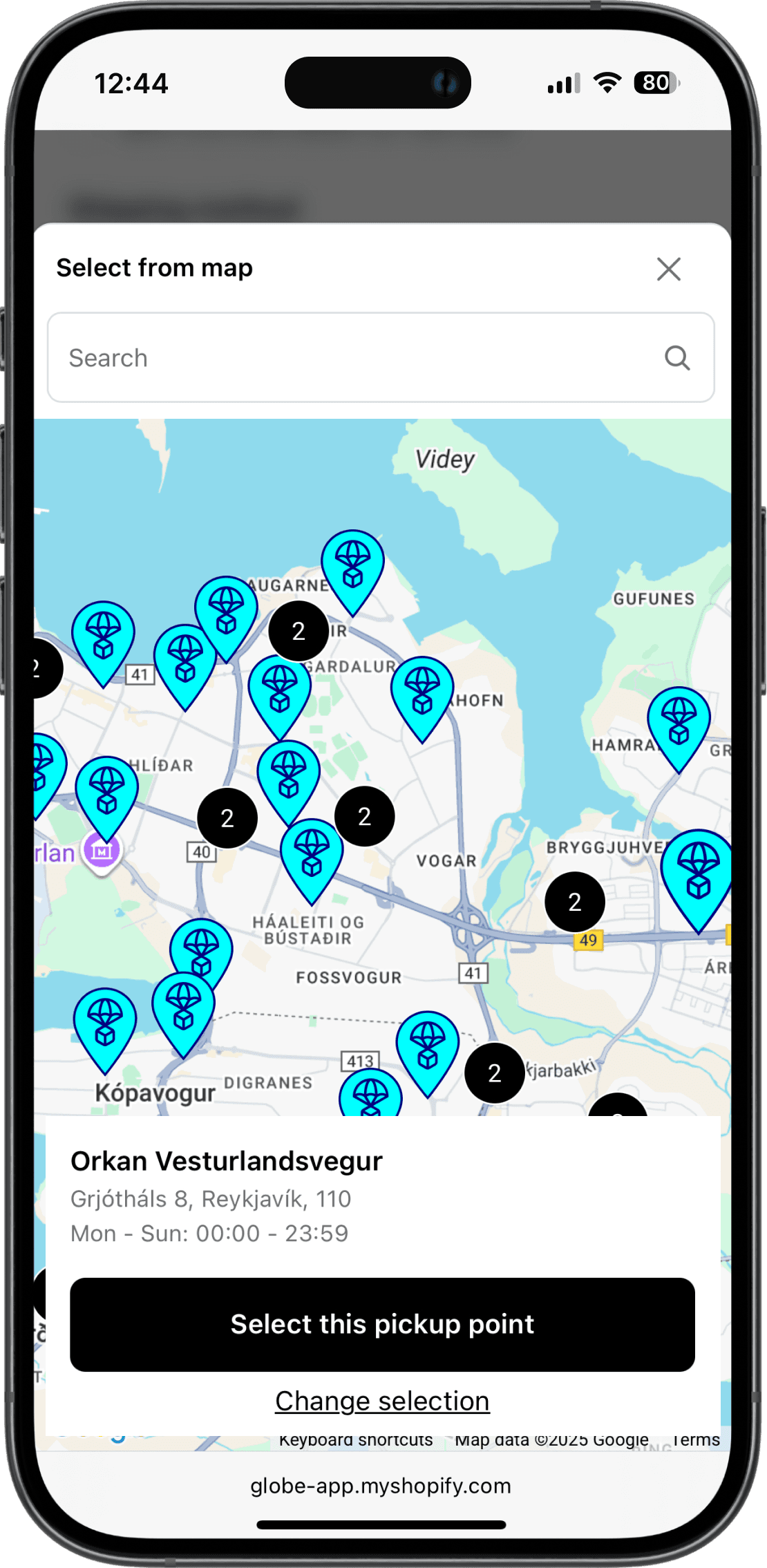 Interactive Dropp pickup points map on Shopify checkout interface