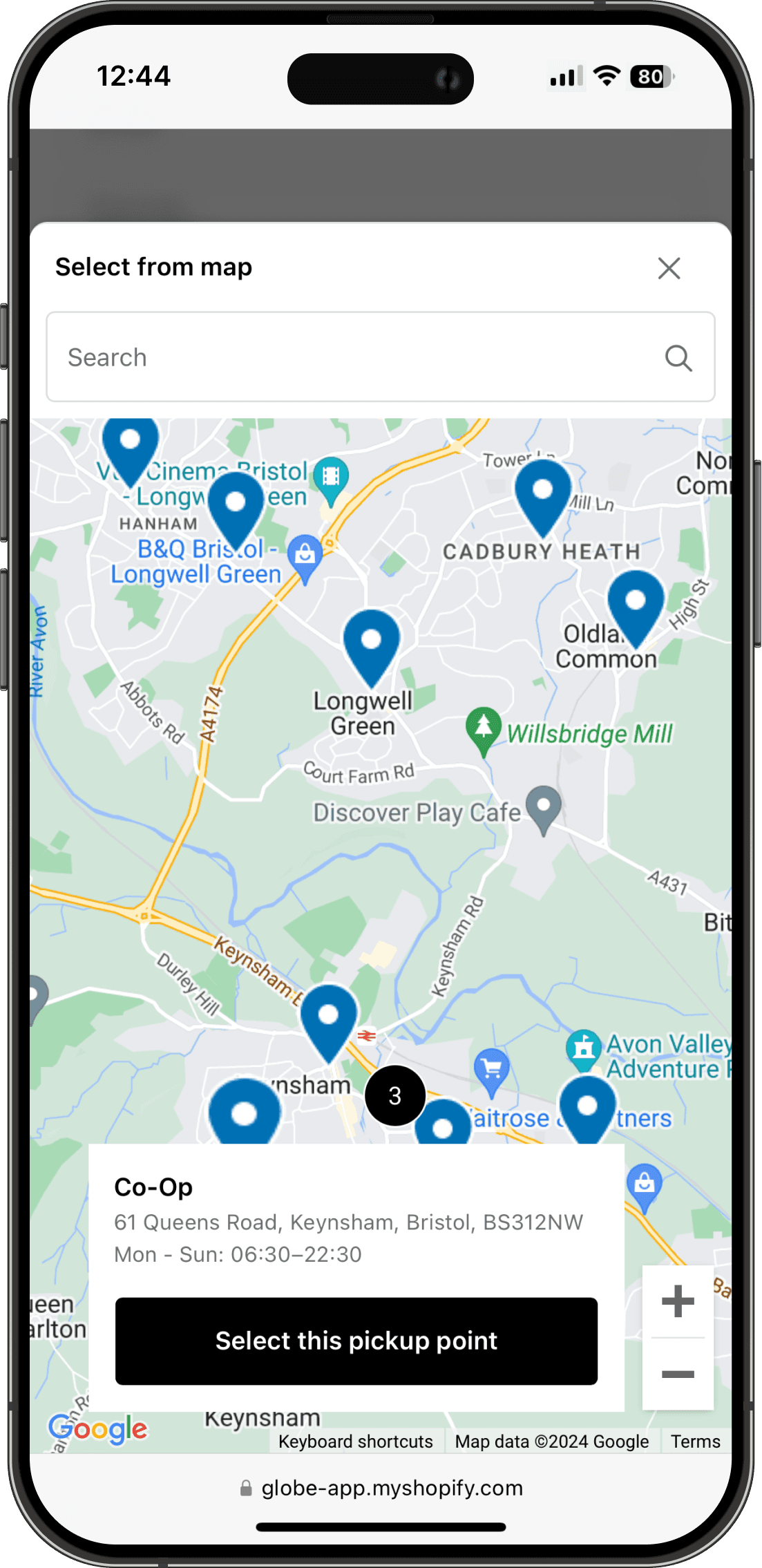 Interactive Evri pickup points map on Shopify checkout interface