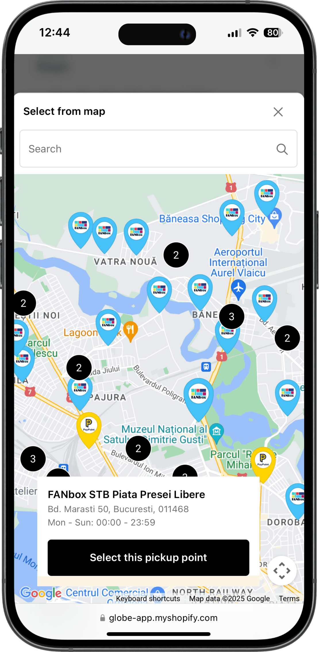 Interactive FAN Courier pickup points map on Shopify checkout interface