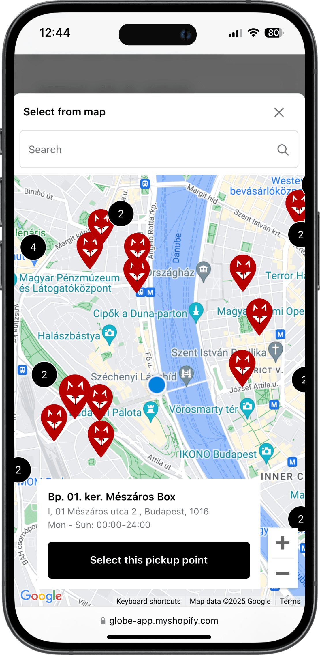 Interaktivní mapa výdejních míst Foxpost v rozhraní Shopify pokladny