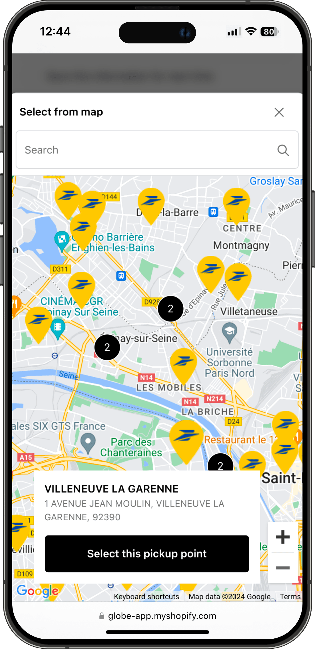 Interactive La Poste pickup points map on Shopify checkout interface