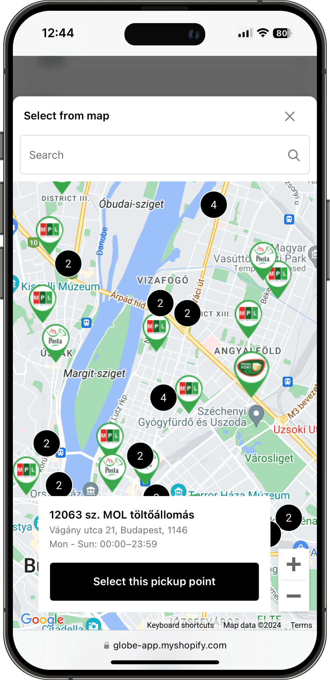 Interaktivní mapa výdejních míst Maďarská Pošta v rozhraní Shopify pokladny