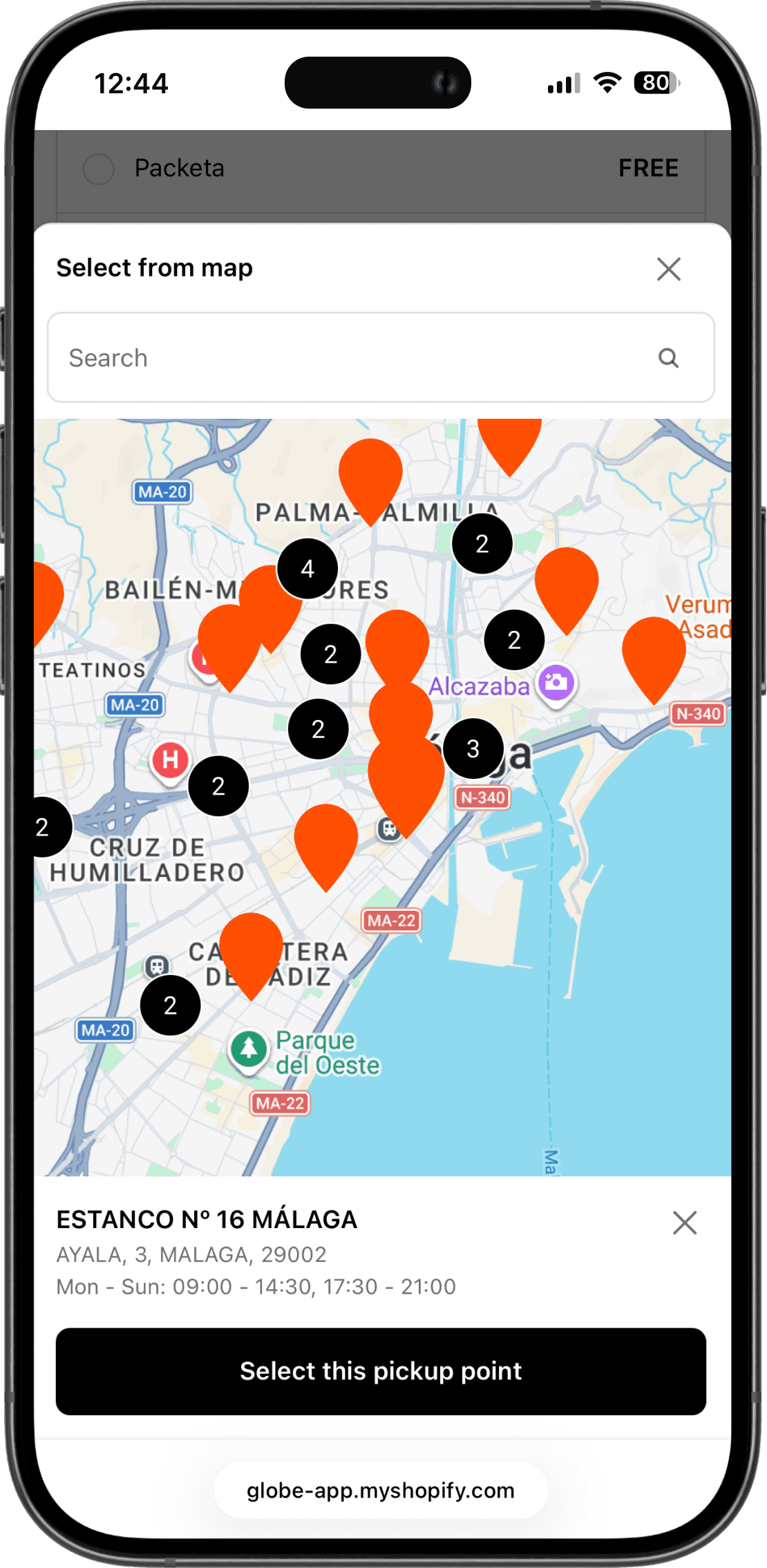 Interactive Nacex pickup points map on Shopify checkout interface