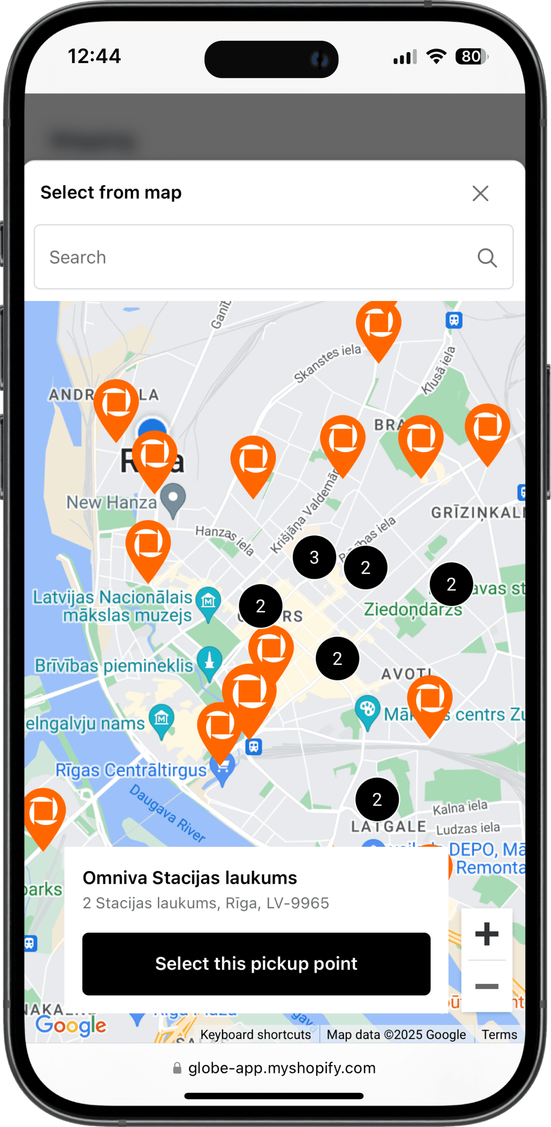 Interactive Omniva pickup points map on Shopify checkout interface