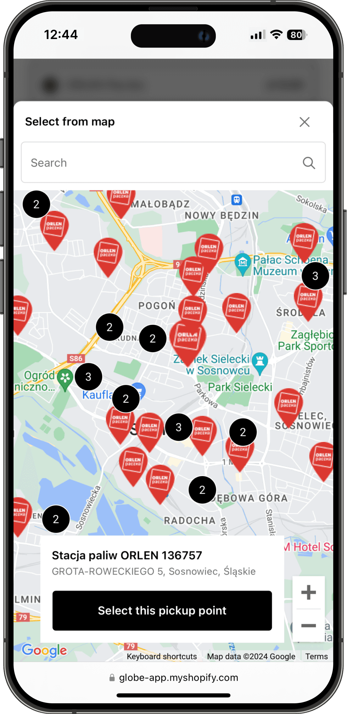 Interactive Orlen pickup points map on Shopify checkout interface