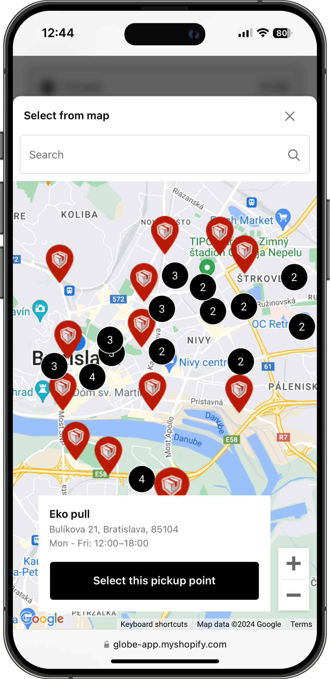 Interactive Packeta pickup points map on Shopify checkout interface