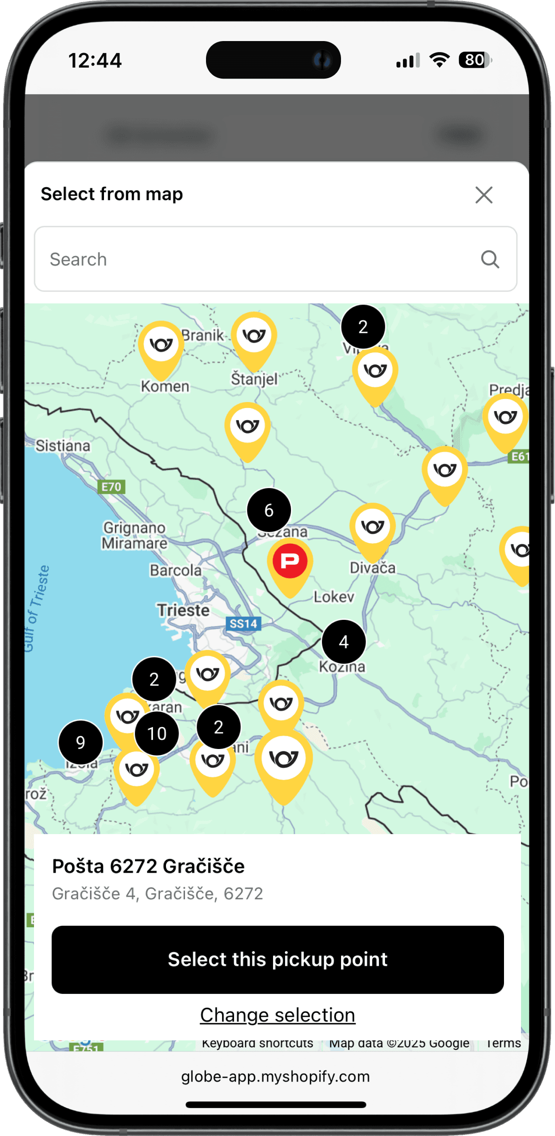 Interactive Pošta Slovenije pickup points map on Shopify checkout interface