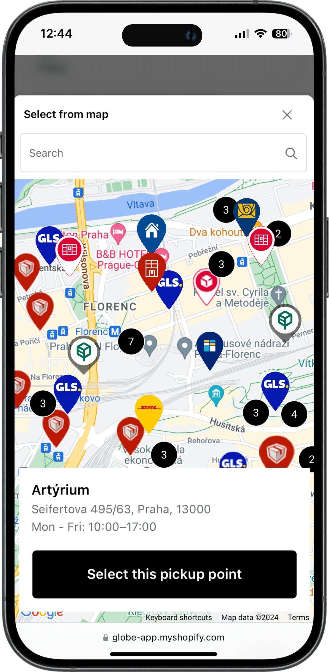 Interaktivní mapa výdejních míst Pošta bez hranic v rozhraní Shopify pokladny