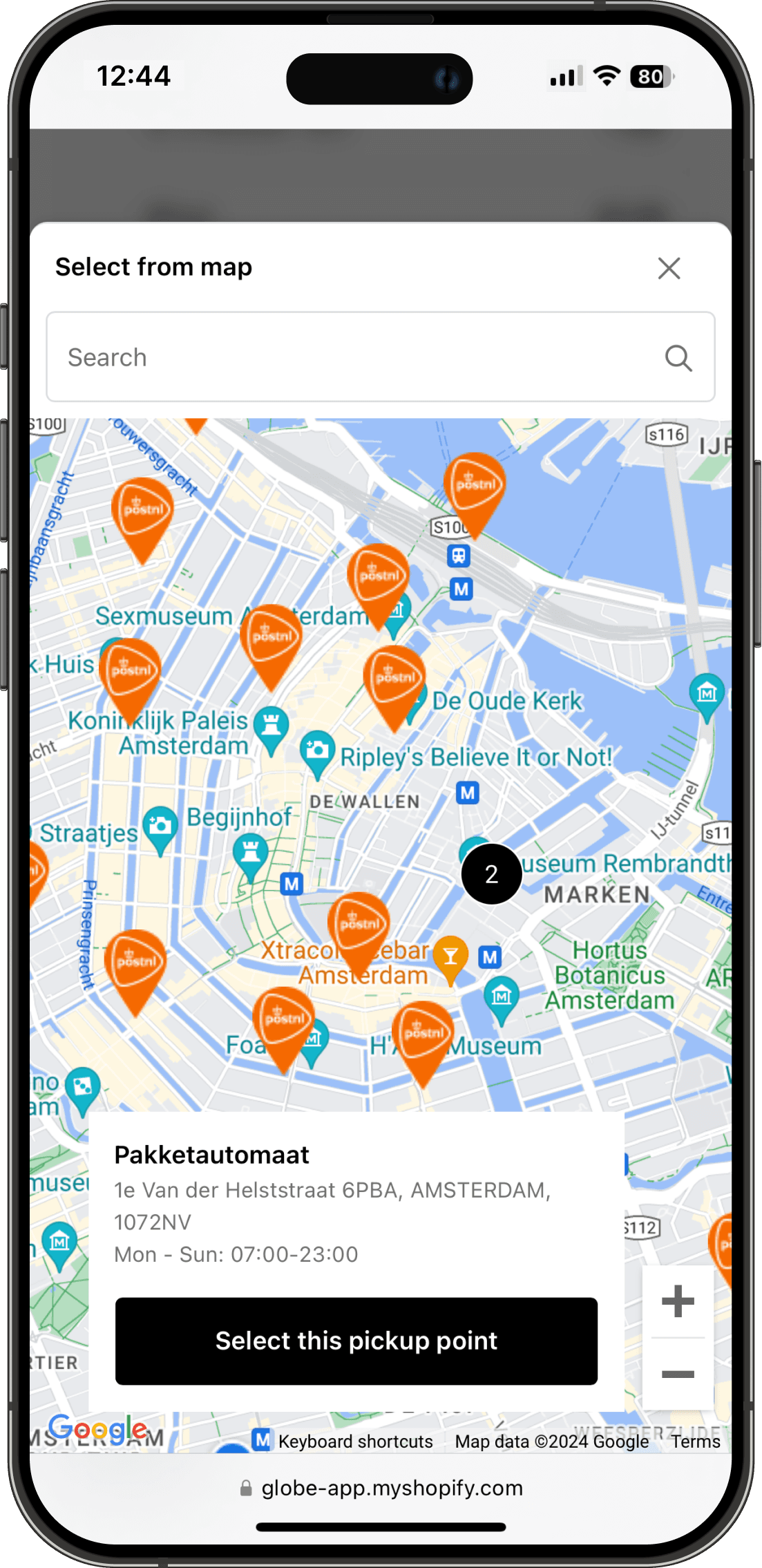 Interactive PostNL pickup points map on Shopify checkout interface