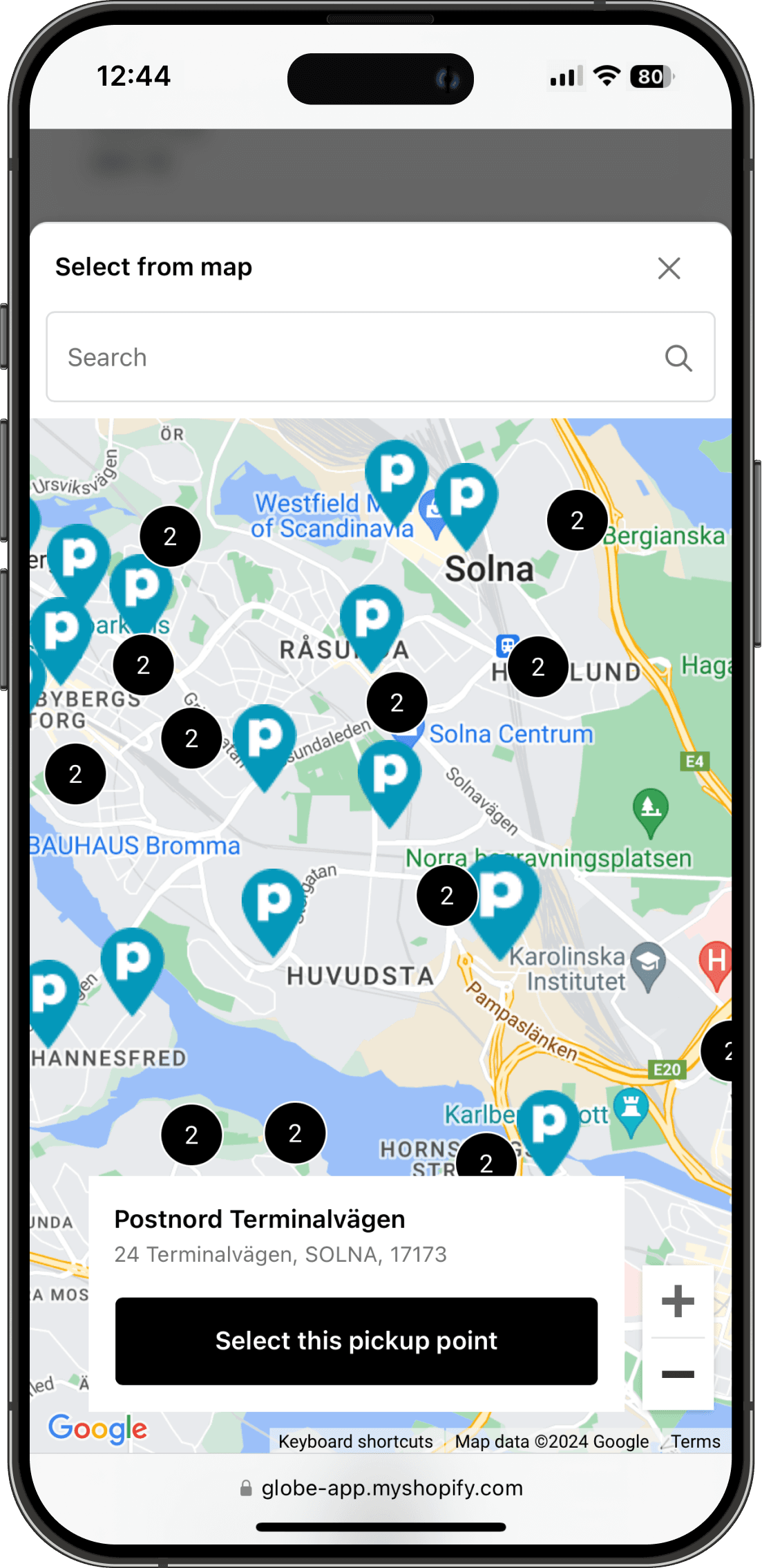 Interactive PostNord pickup points map on Shopify checkout interface