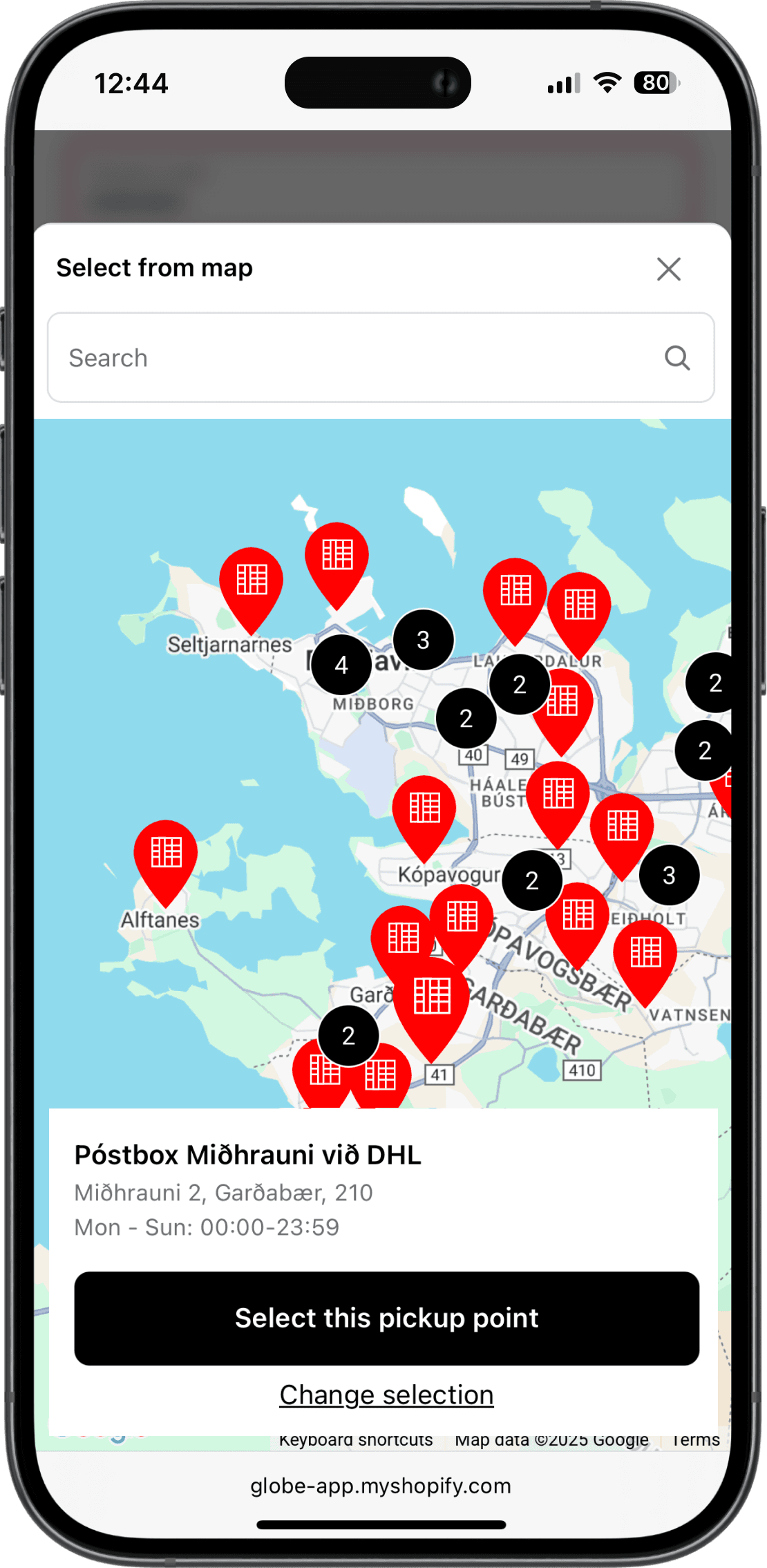 Interactive Pósturinn pickup points map on Shopify checkout interface