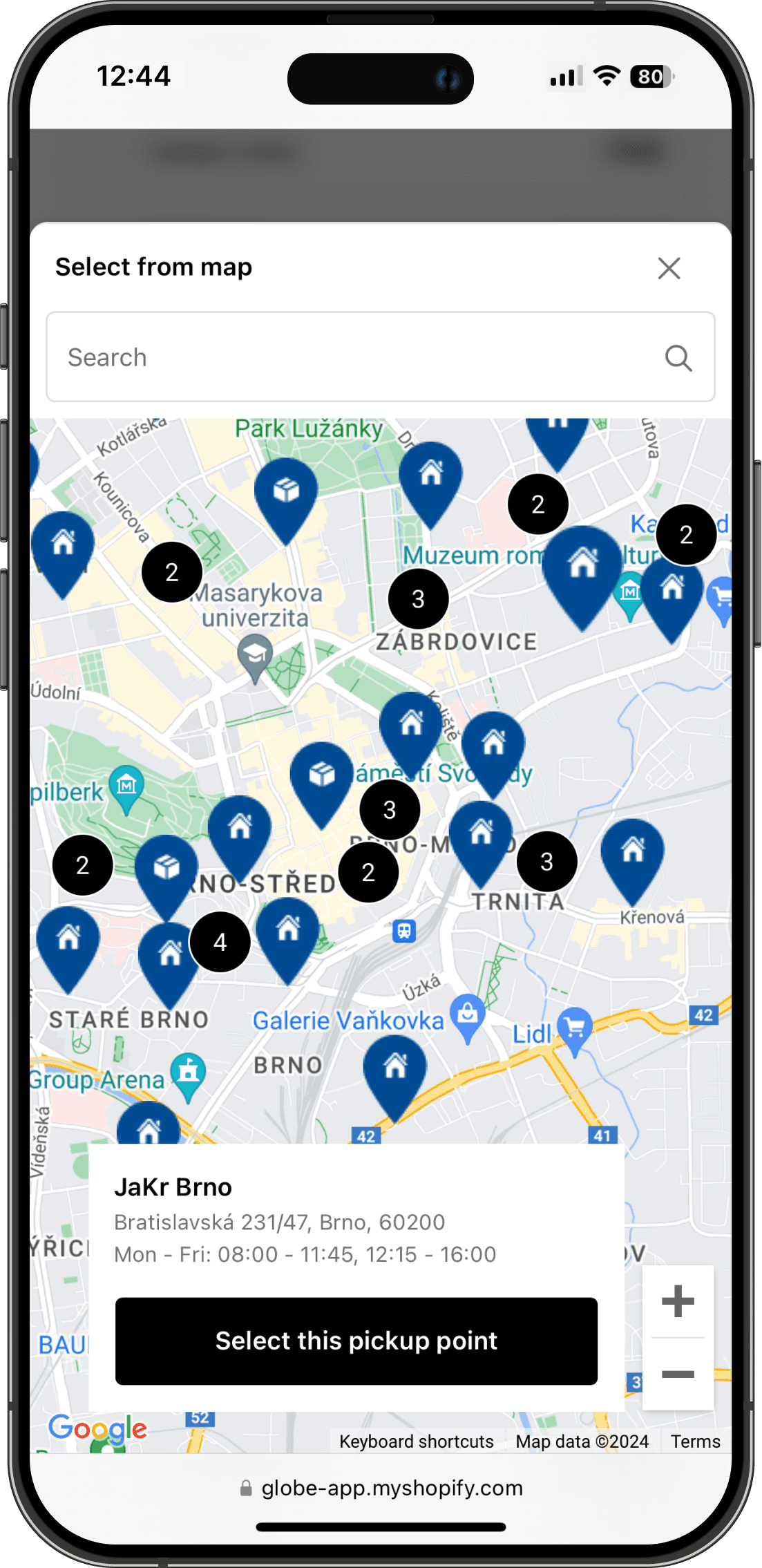 Interactive PPL pickup points map on Shopify checkout interface
