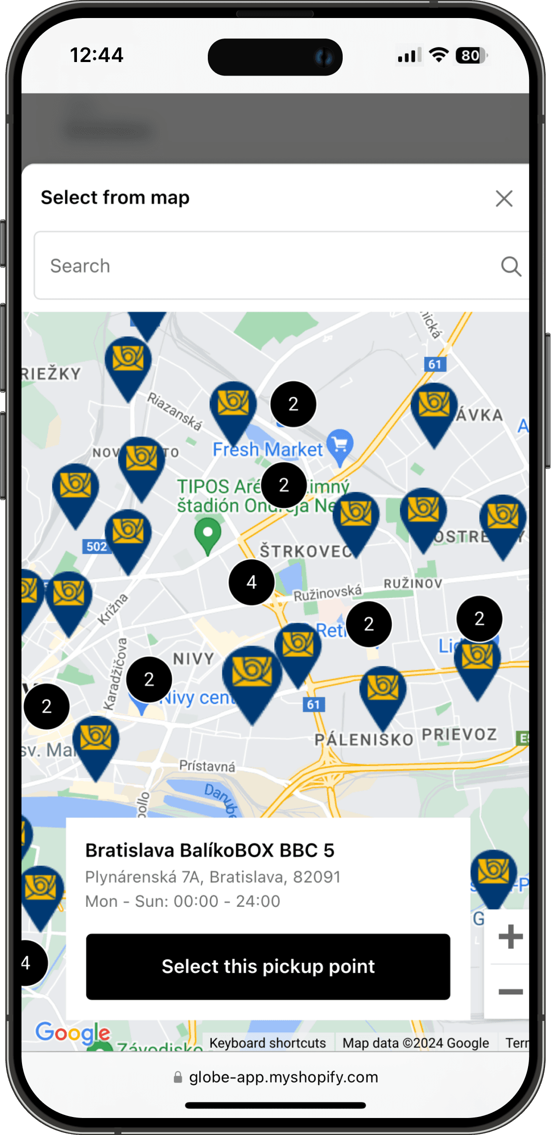 Interactive Slovenská pošta pickup points map on Shopify checkout interface