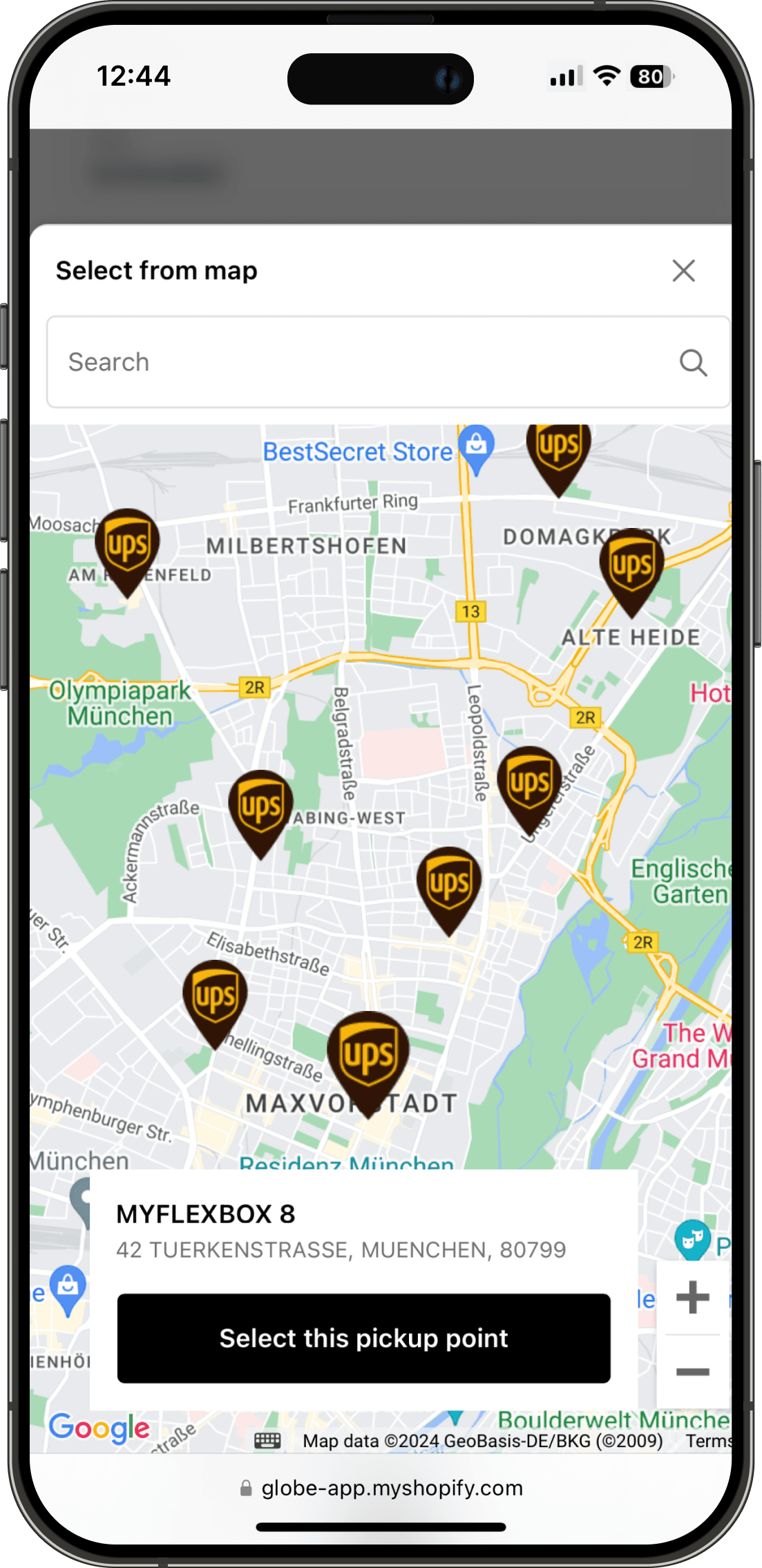 Interactive UPS pickup points map on Shopify checkout interface