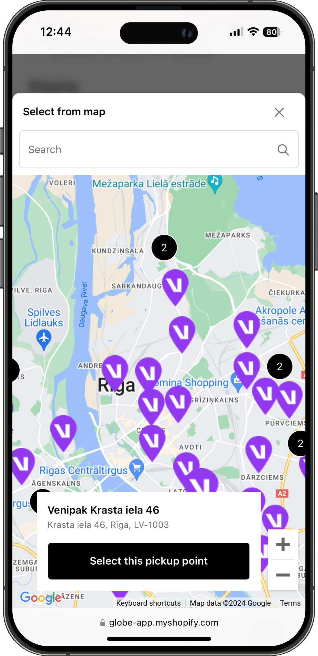 Interaktivní mapa výdejních míst Venipak v rozhraní Shopify pokladny
