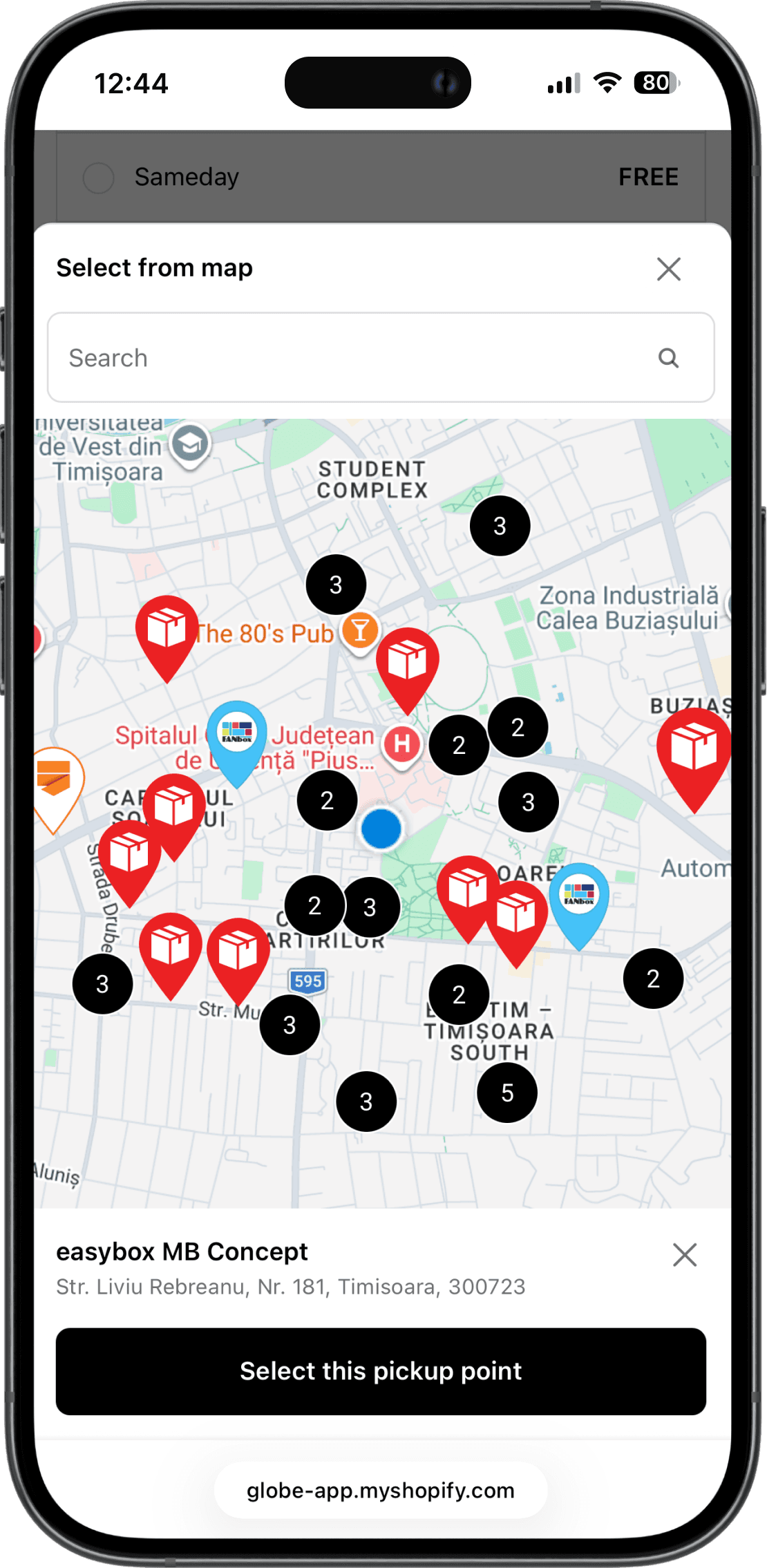 Interaktivní mapa výdejních míst Woot v rozhraní Shopify pokladny