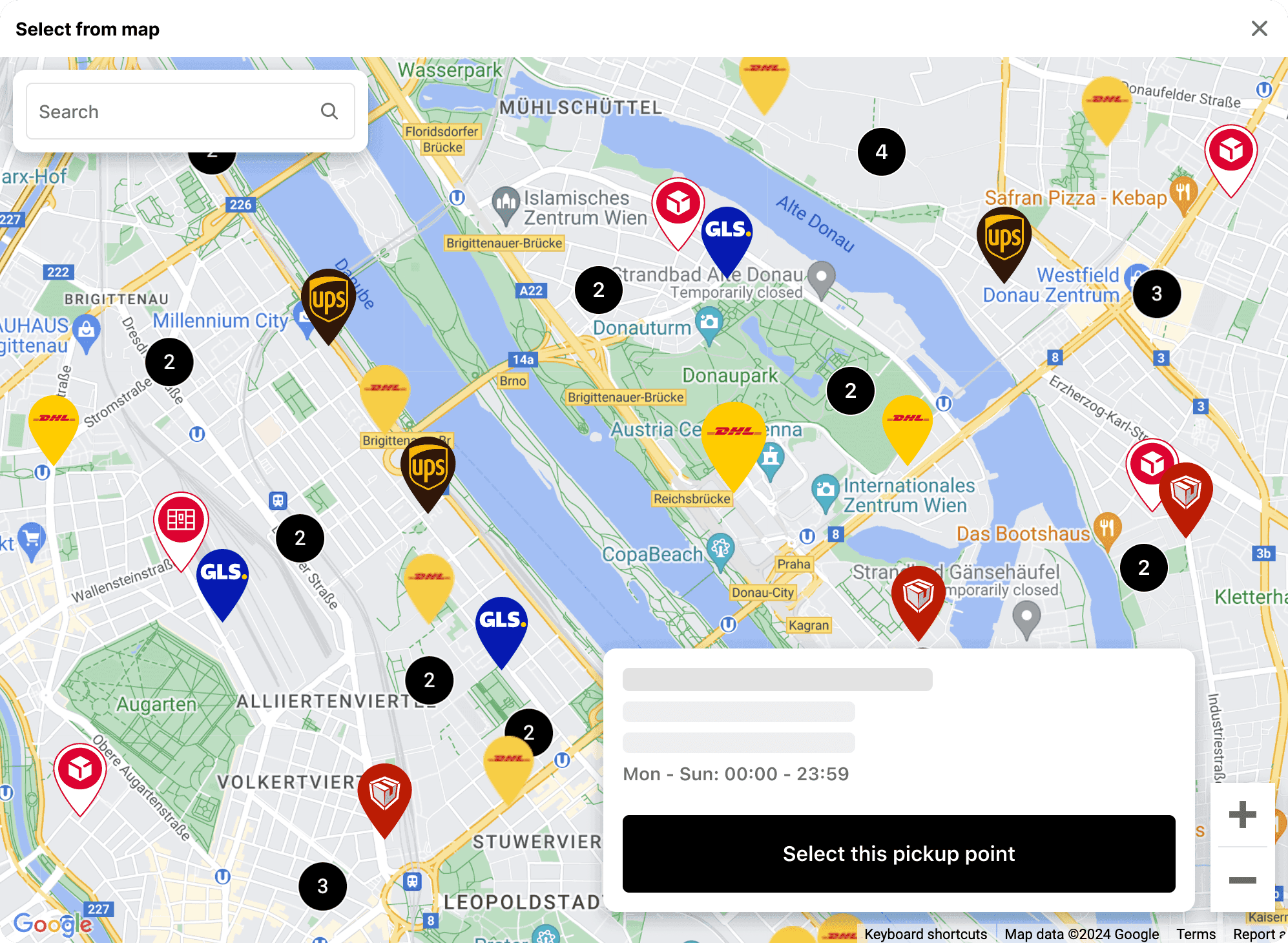 Globe mapa výdejních míst na Shopify