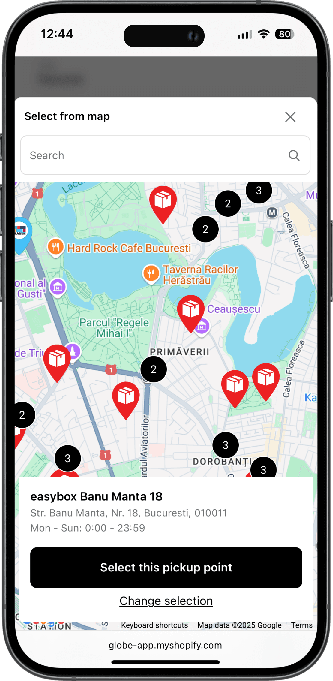 Interaktivní mapa výdejních míst Ecolet v rozhraní Shopify pokladny
