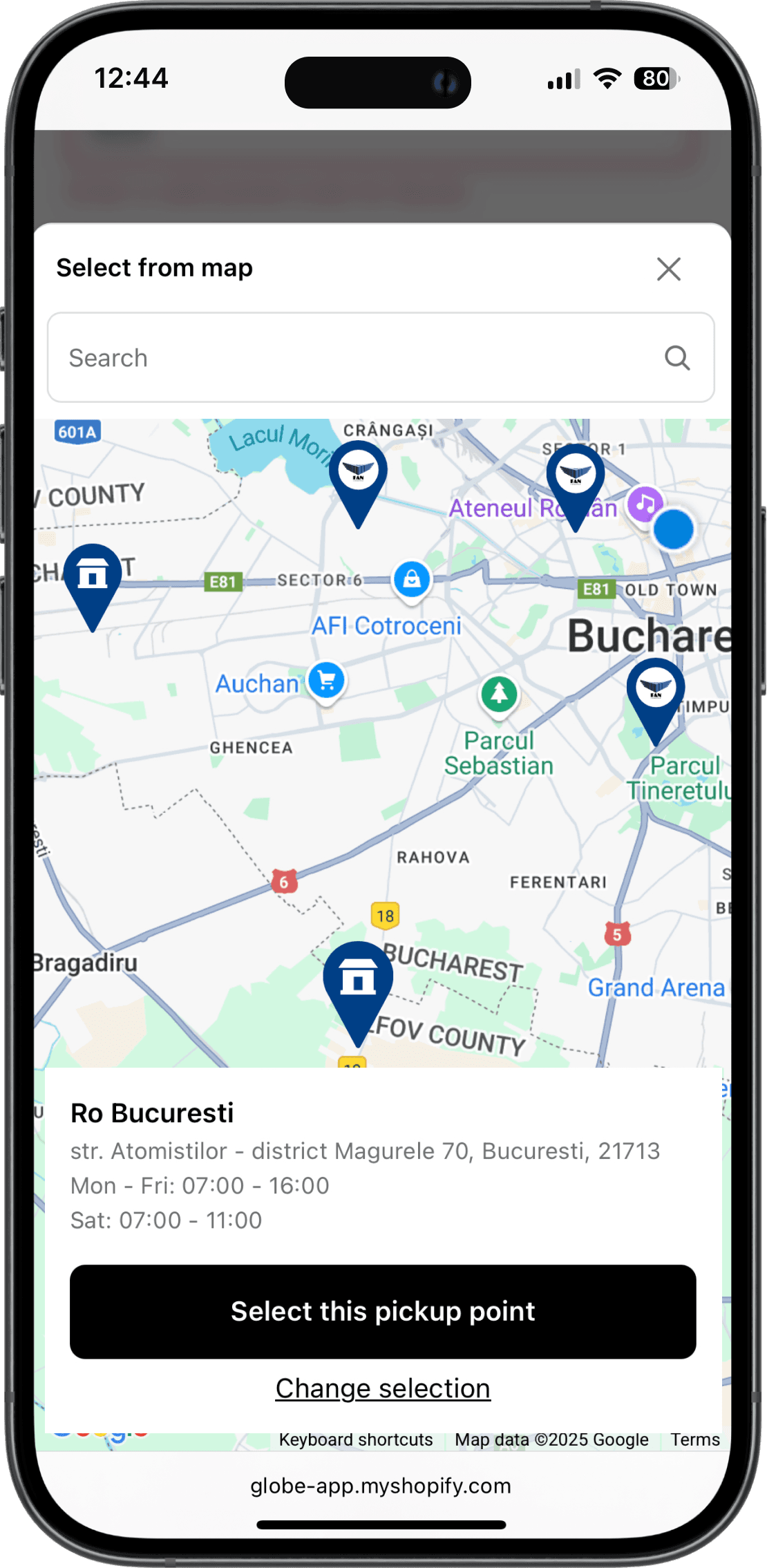 Interaktivní mapa výdejních míst Econt v rozhraní Shopify pokladny