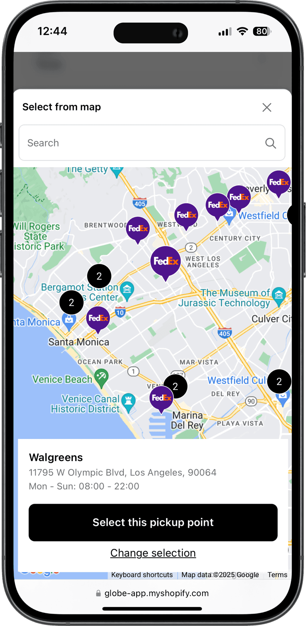 Interaktywna mapa punktów odbioru FedEx w kasie sklepu Shopify