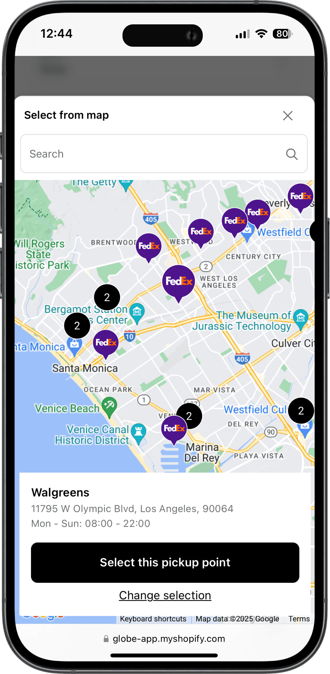 Interactive FedEx pickup points map on Shopify checkout interface