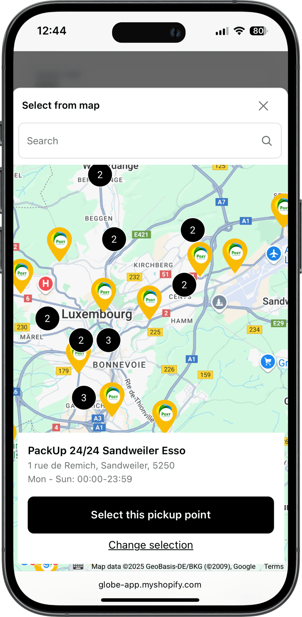 Interaktywna mapa punktów odbioru POST Luxembourg w kasie sklepu Shopify