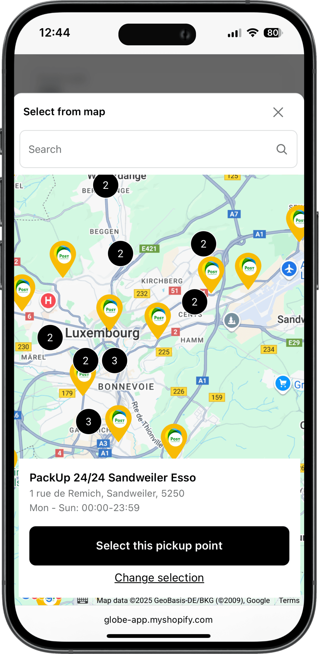 Interaktivní mapa výdejních míst POST Luxembourg v rozhraní Shopify pokladny