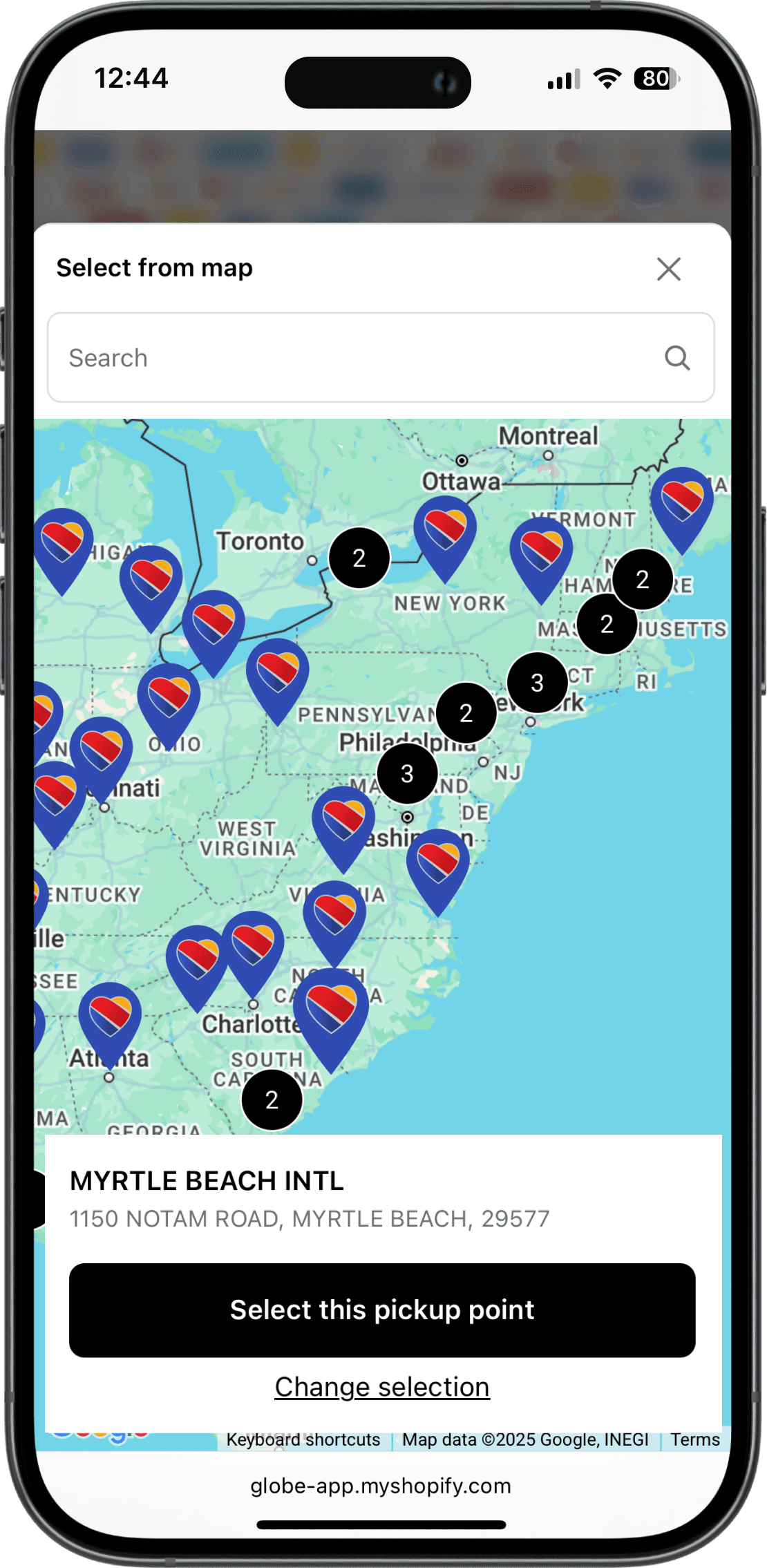 Interaktivní mapa výdejních míst Swacargo v rozhraní Shopify pokladny