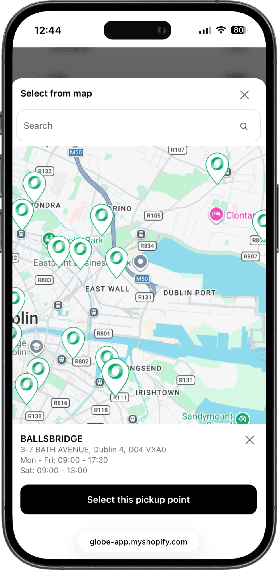 Interactive An Post pickup points map on Shopify checkout interface