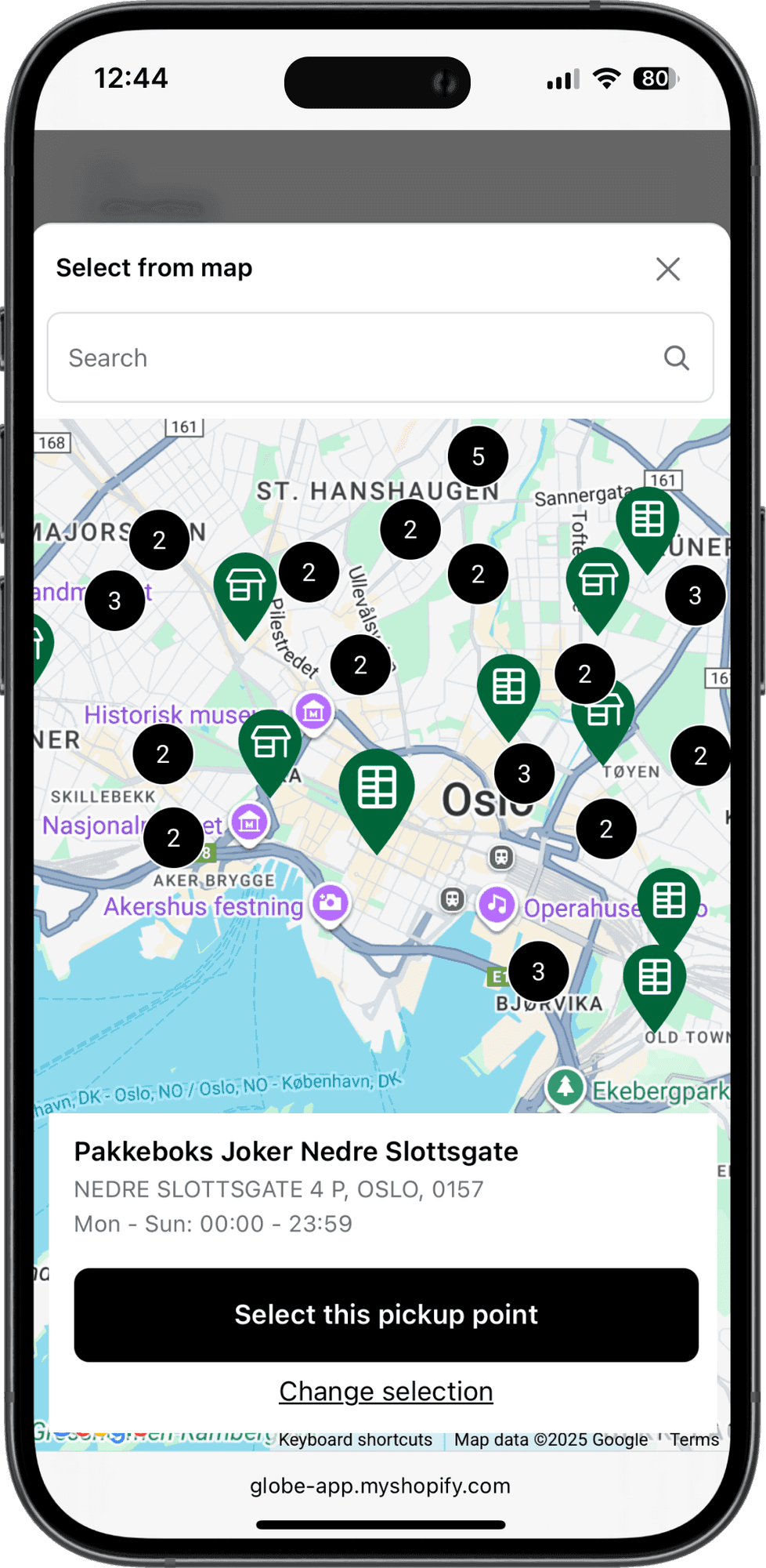 Interaktywna mapa punktów odbioru Bring w kasie sklepu Shopify