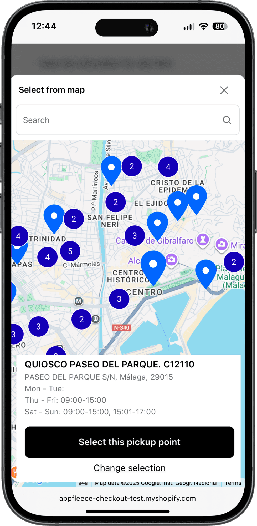 Interaktywna mapa punktów odbioru Cainiao w kasie sklepu Shopify