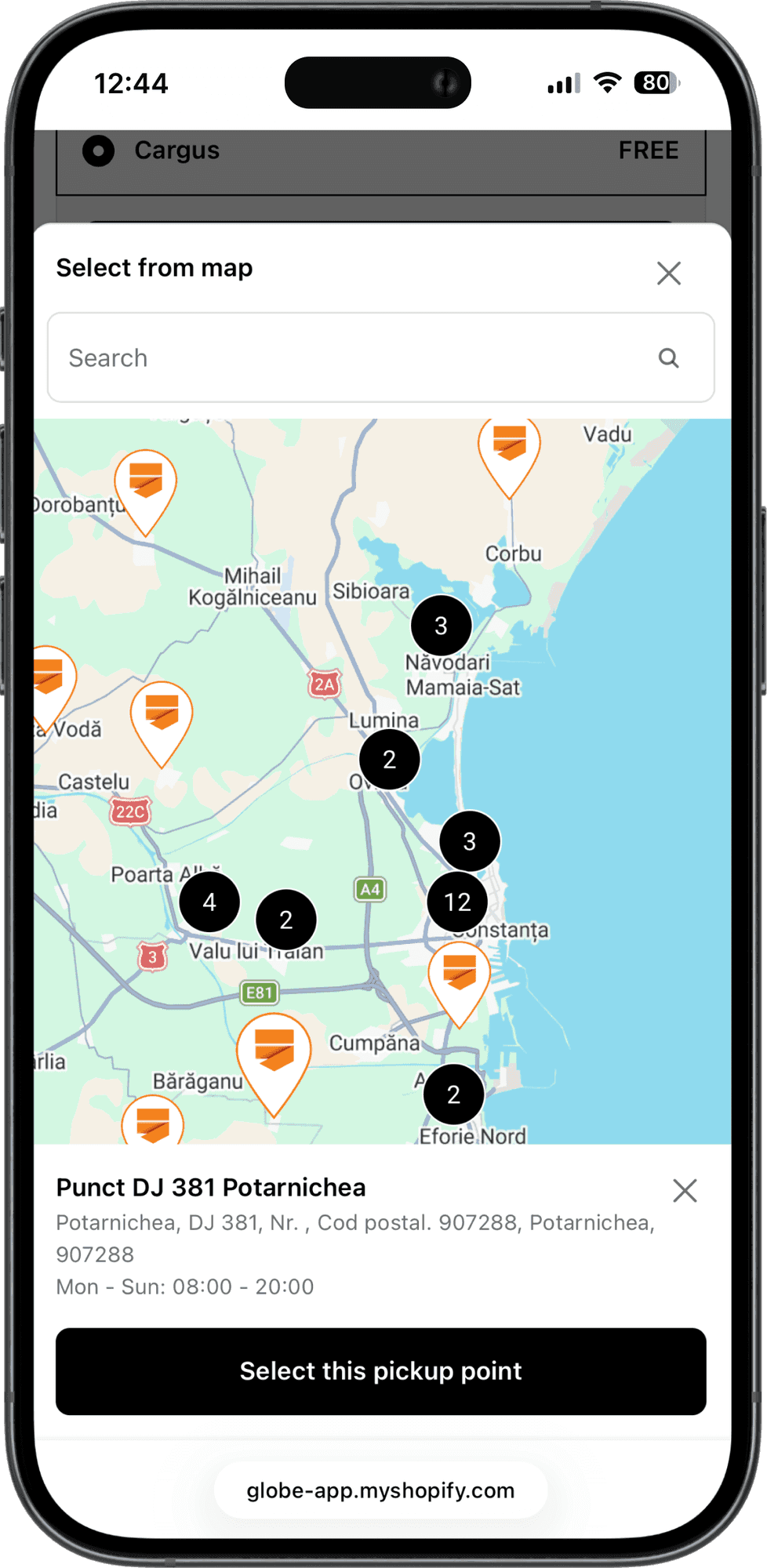 Interaktywna mapa punktów odbioru Cargus w kasie sklepu Shopify