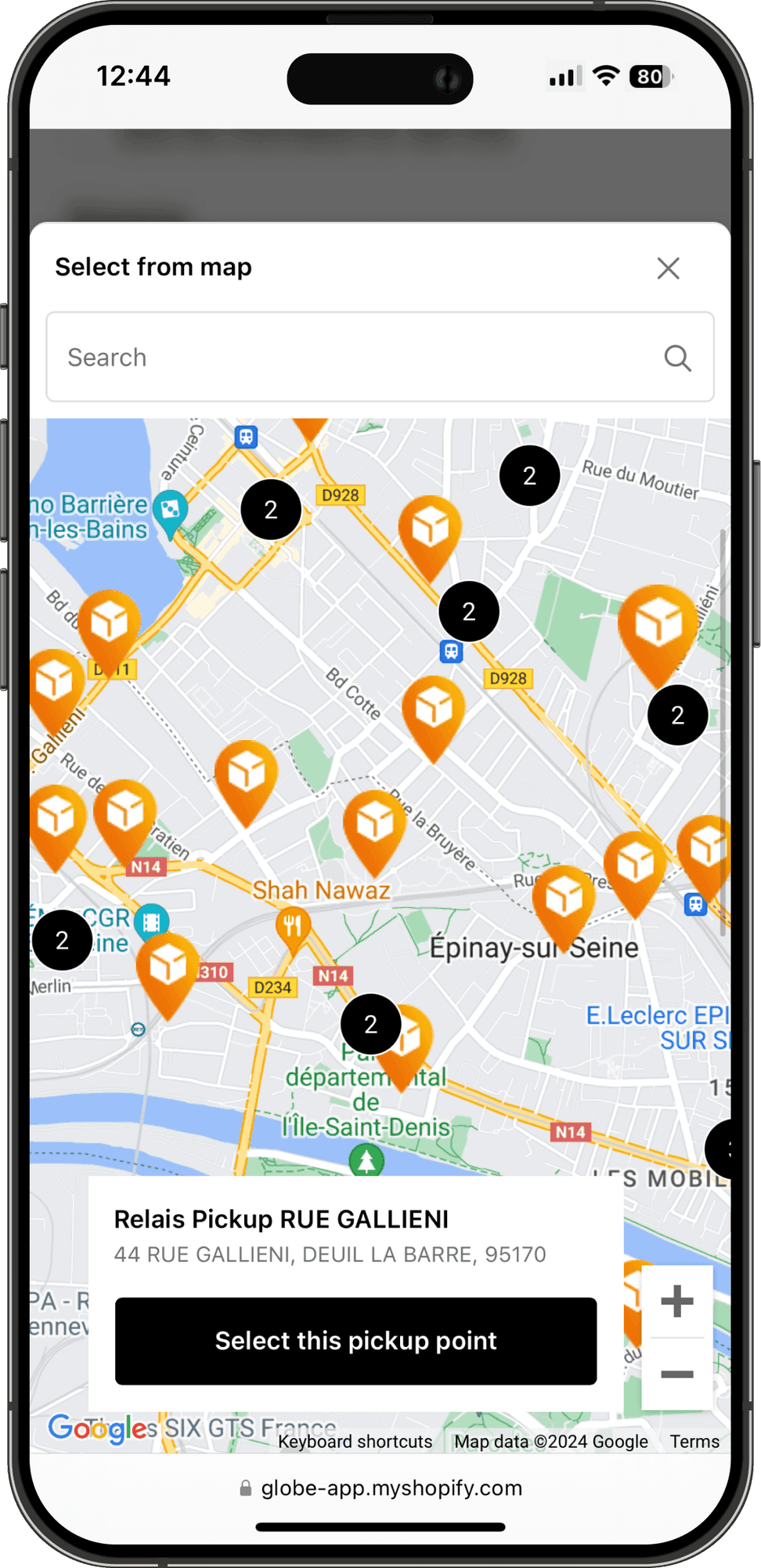 Interaktywna mapa punktów odbioru Colissimo w kasie sklepu Shopify