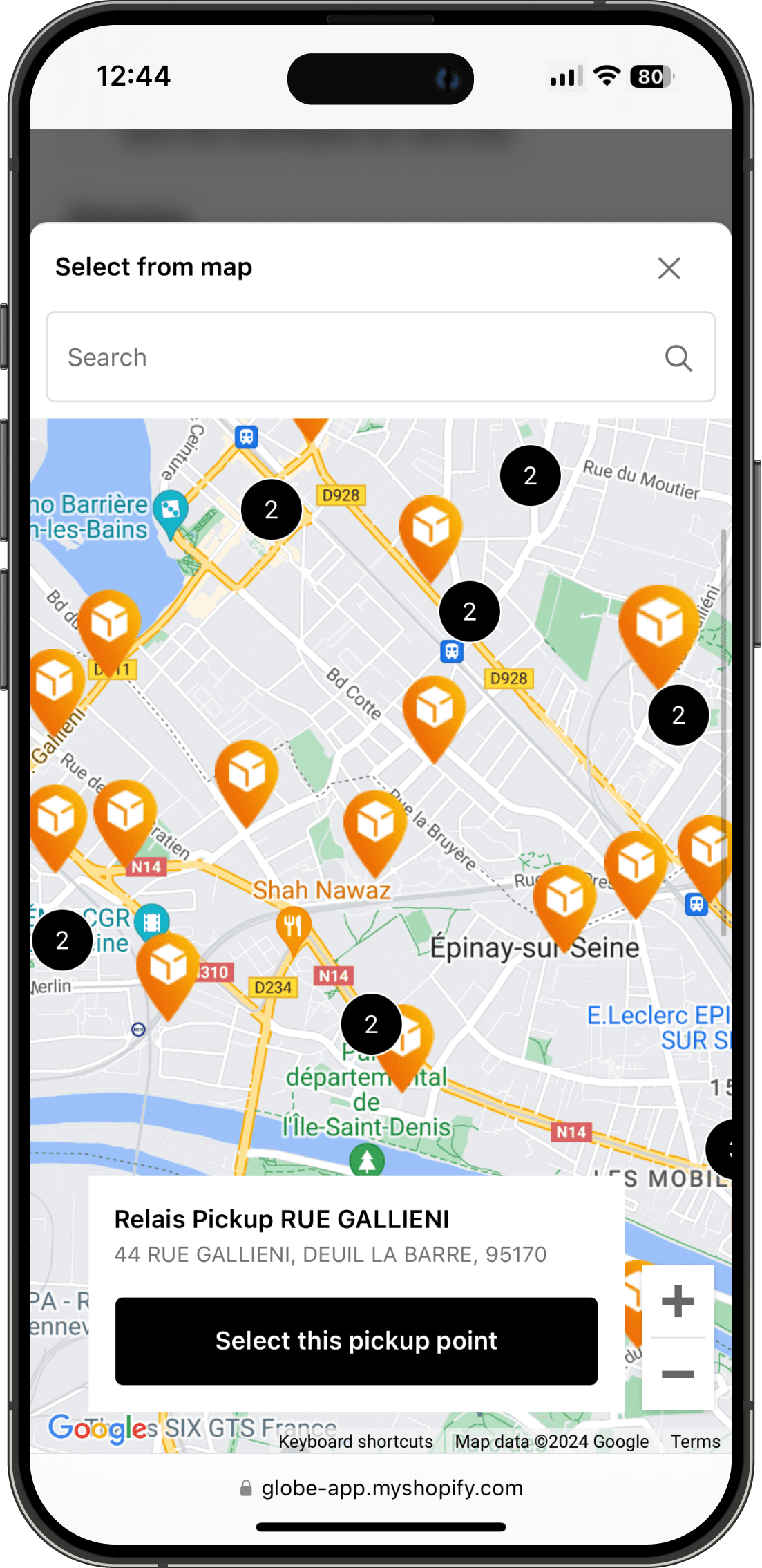Interaktivní mapa výdejních míst Colissimo v rozhraní Shopify pokladny