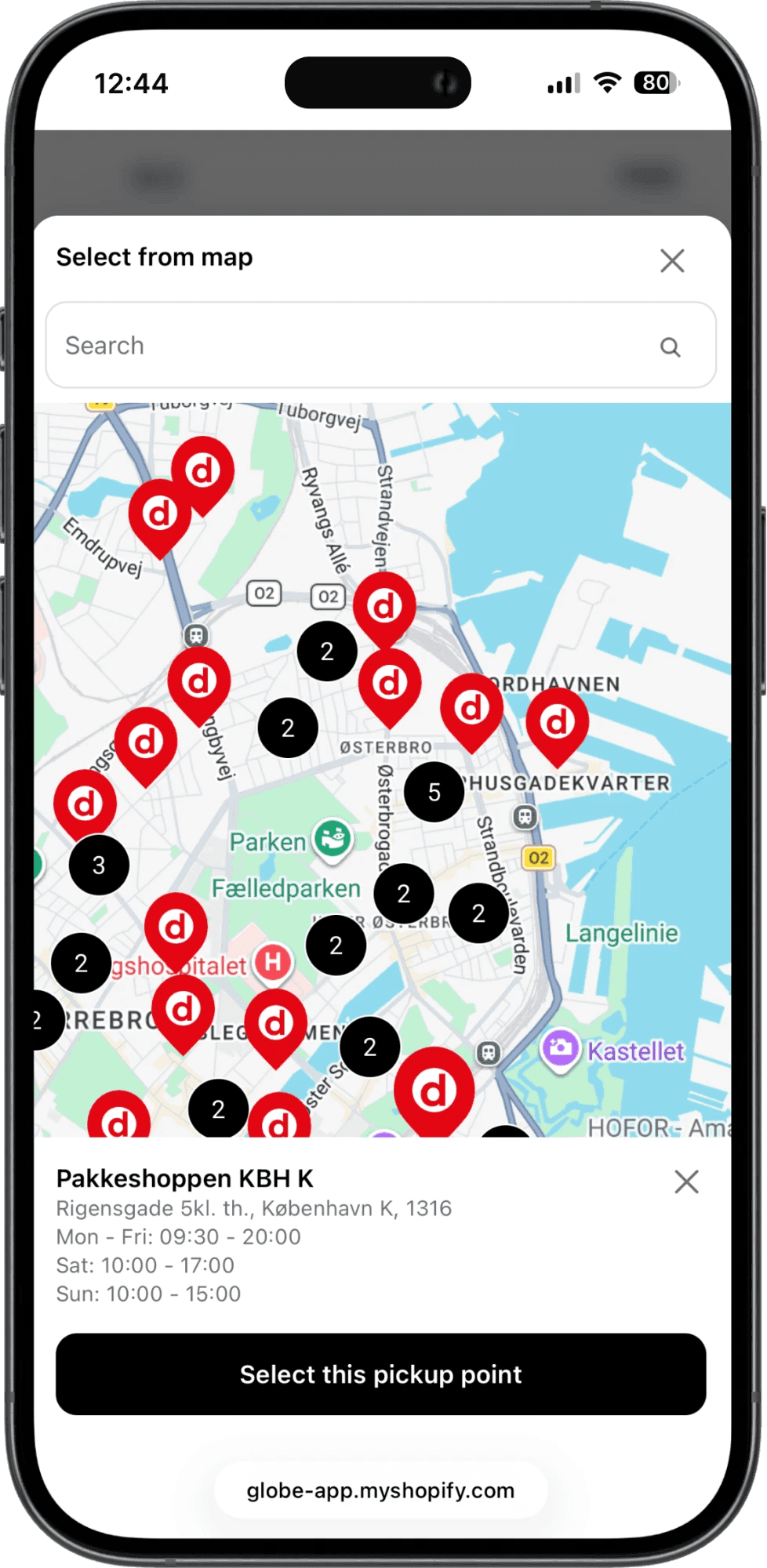 Mapa interactivo de puntos de recogida de dao en el checkout de Shopify