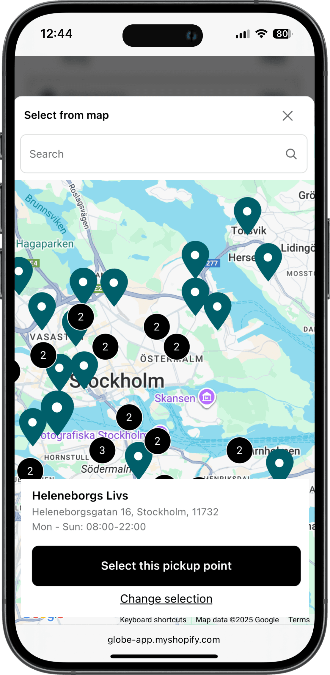 Interaktivní mapa výdejních míst DB Schenker v rozhraní Shopify pokladny