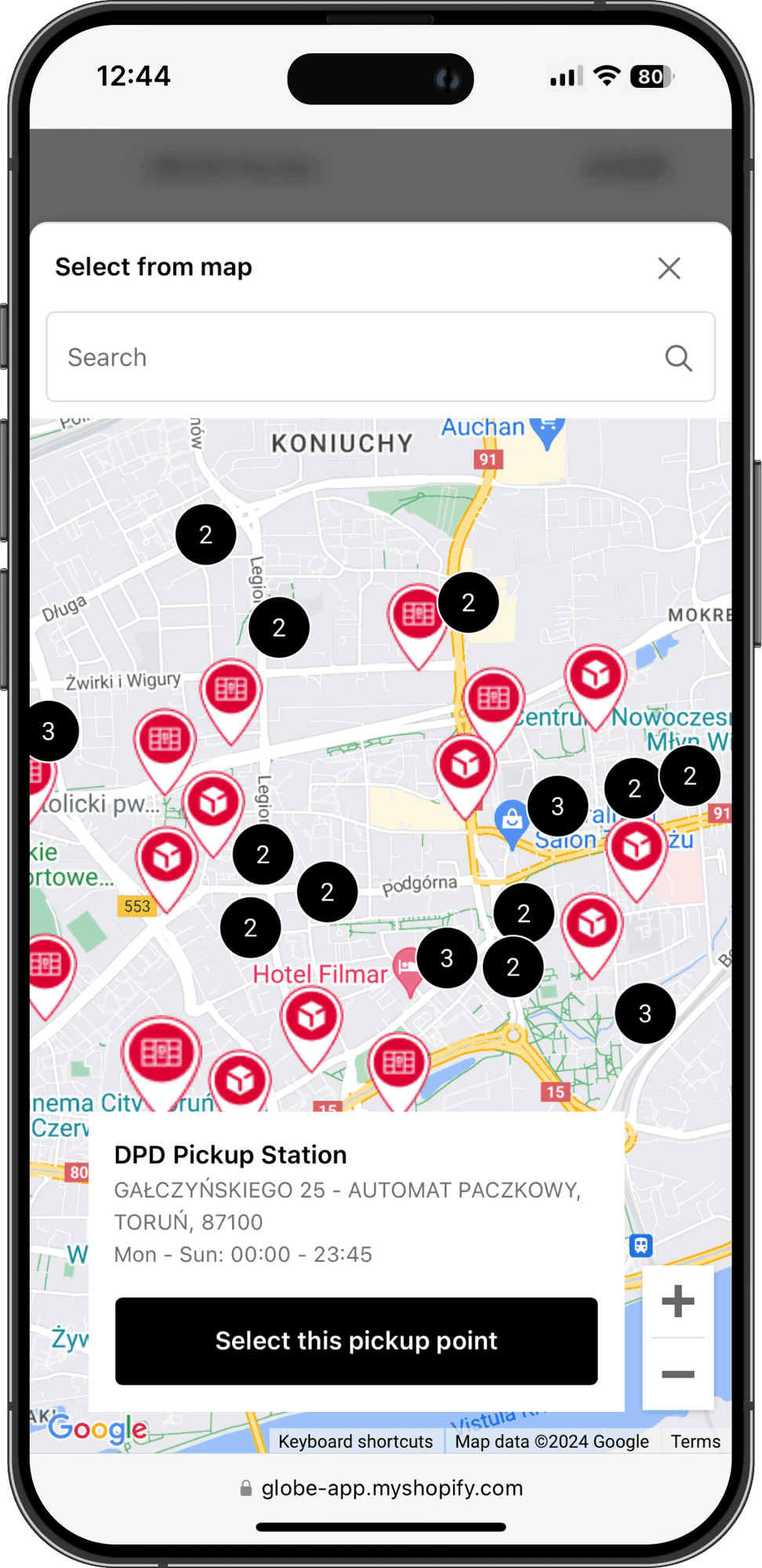 Interaktywna mapa punktów odbioru DPD w kasie sklepu Shopify