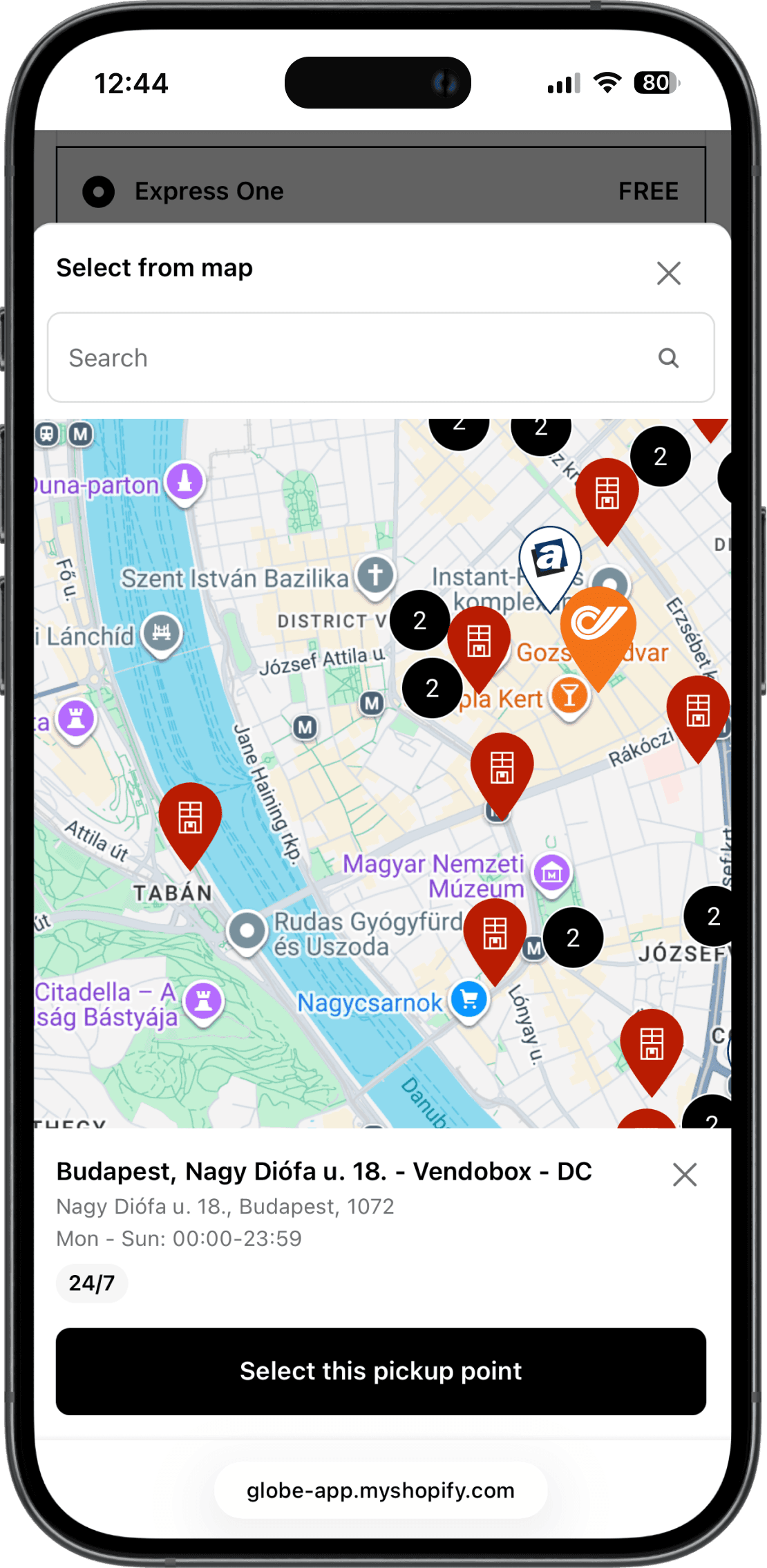 Interaktivní mapa výdejních míst Express One v rozhraní Shopify pokladny